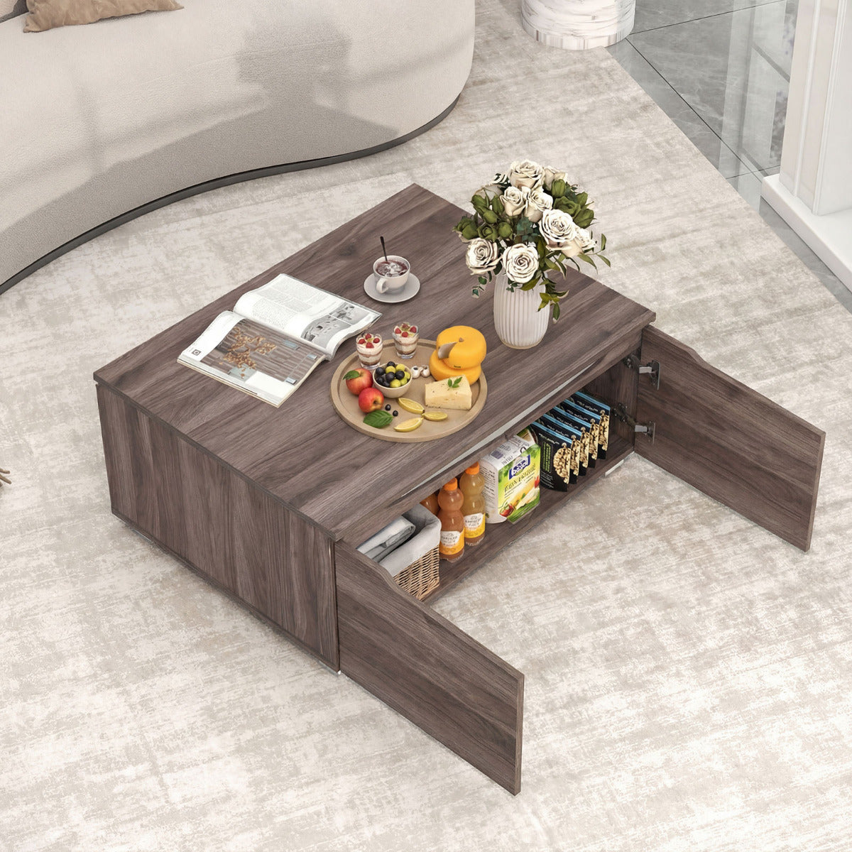 Farmhouse Coffee Table with Storage Center Table with 4 Doors and 2-Way Opening-Brown