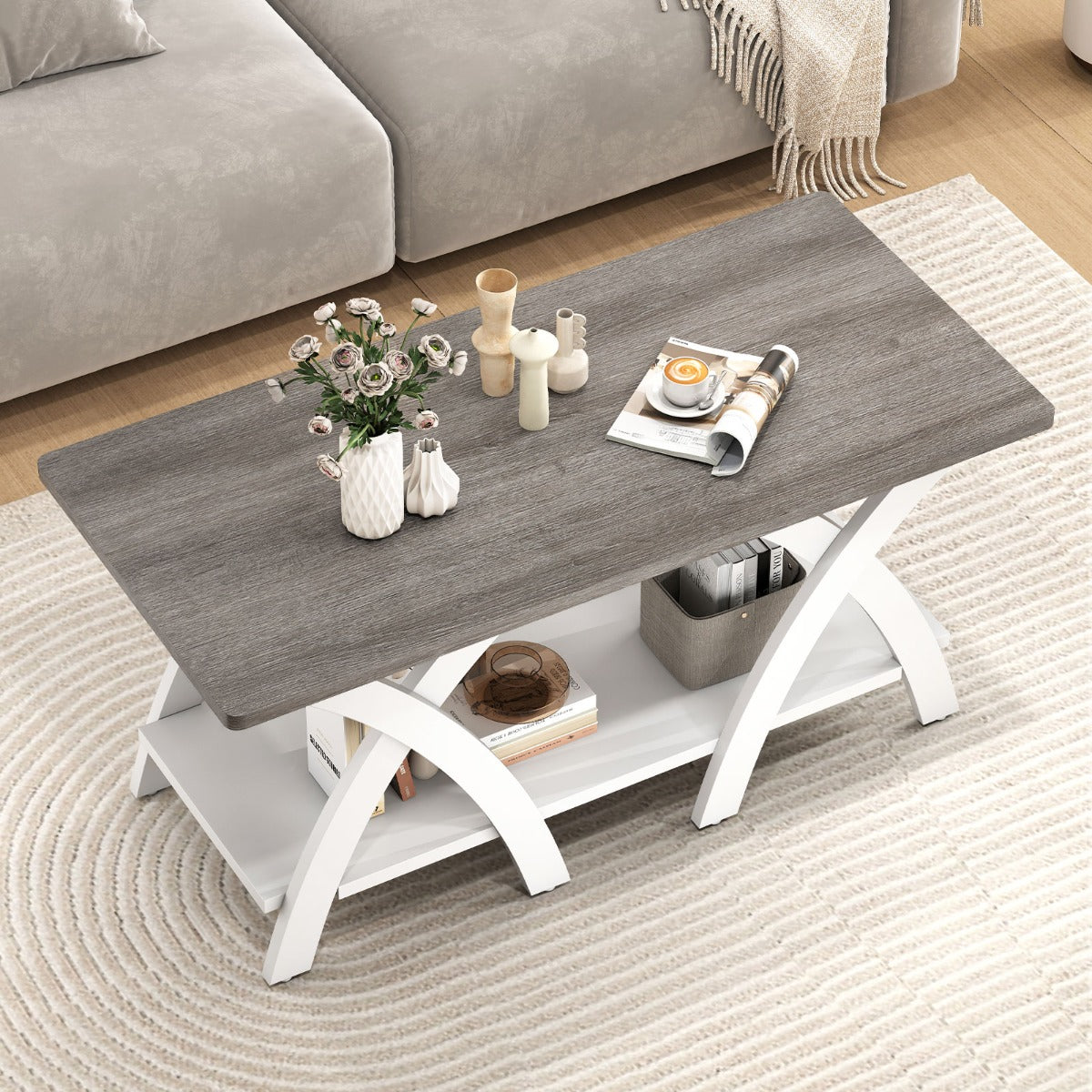Farmhouse Wooden Accent Table with X-shaped Legs and Storage Shelf-Light Grey
