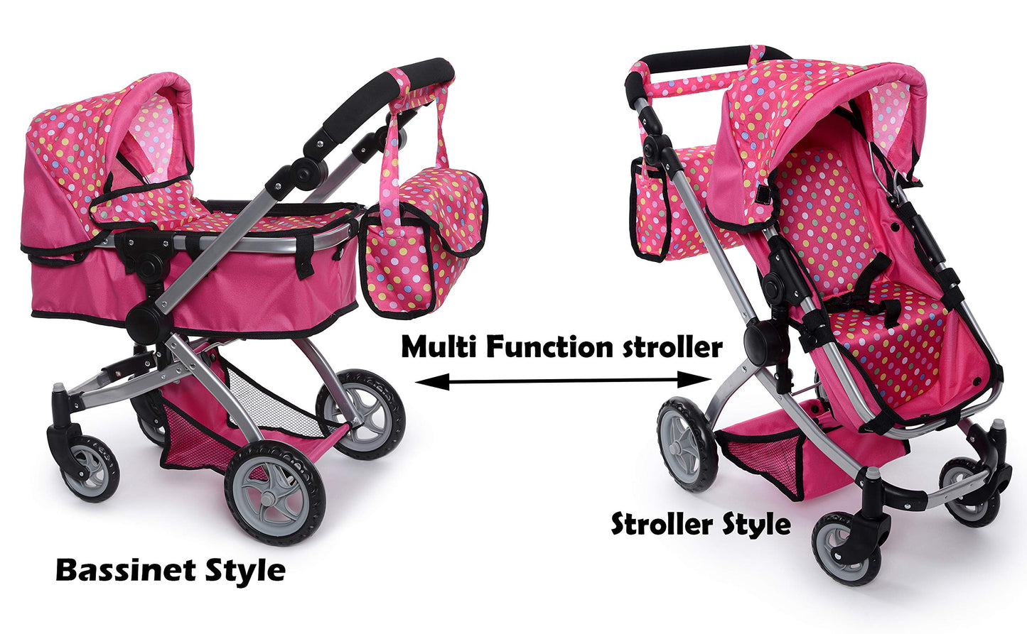 Fash n Kolor Foldable Pram for Baby Doll – Polka Dots, Swiveling Wheels, Adjustable Handle