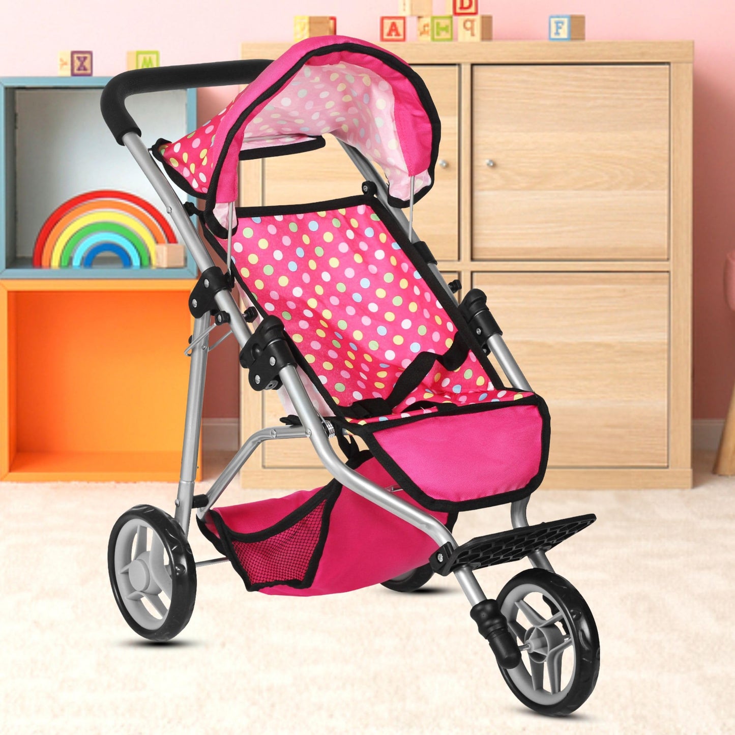Fash N Kolor Denim Pink Baby Doll Stroller – Adjustable Canopy & Toy Storage