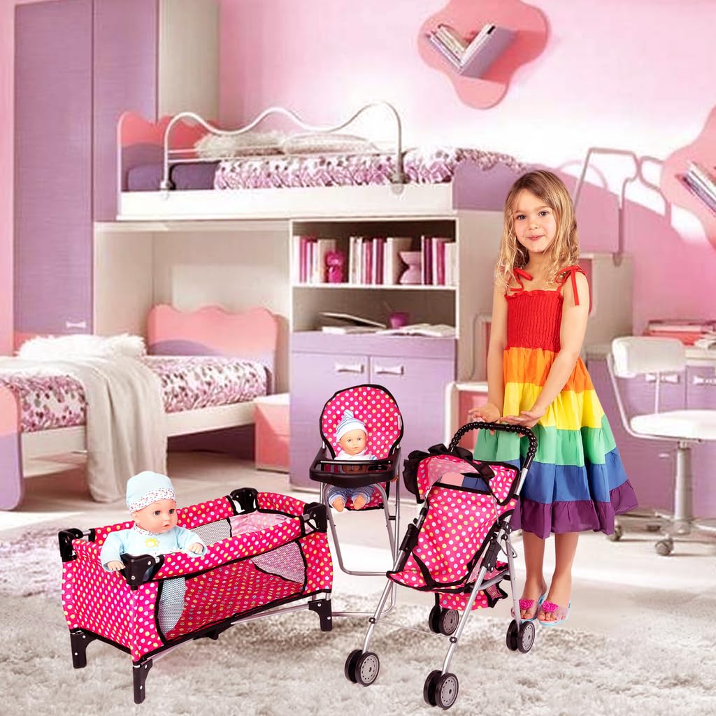Fash N Kolor 4-Piece Doll Play Set – Stroller, High Chair, Pack N Play & Infant Seat (Fits Up to 18” Dolls)