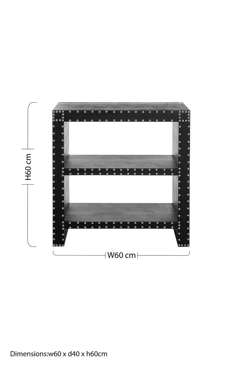 Black Wood 2 Shelves Side Table with Covered in Black Leather Effect, Sloane