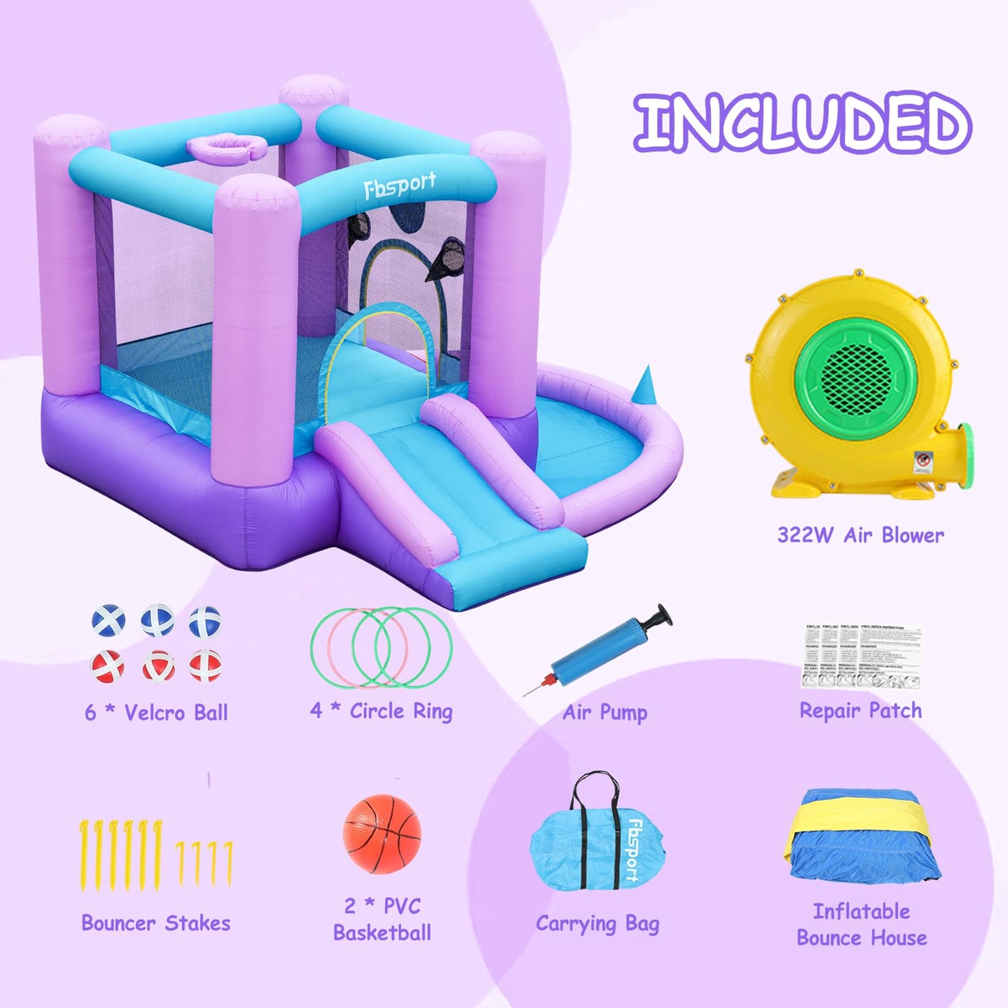 FBSPORT 5-in-1 Inflatable Bounce House – Galaxy Theme Castle with Ball Pit, Dart Game & Basketball Hoop