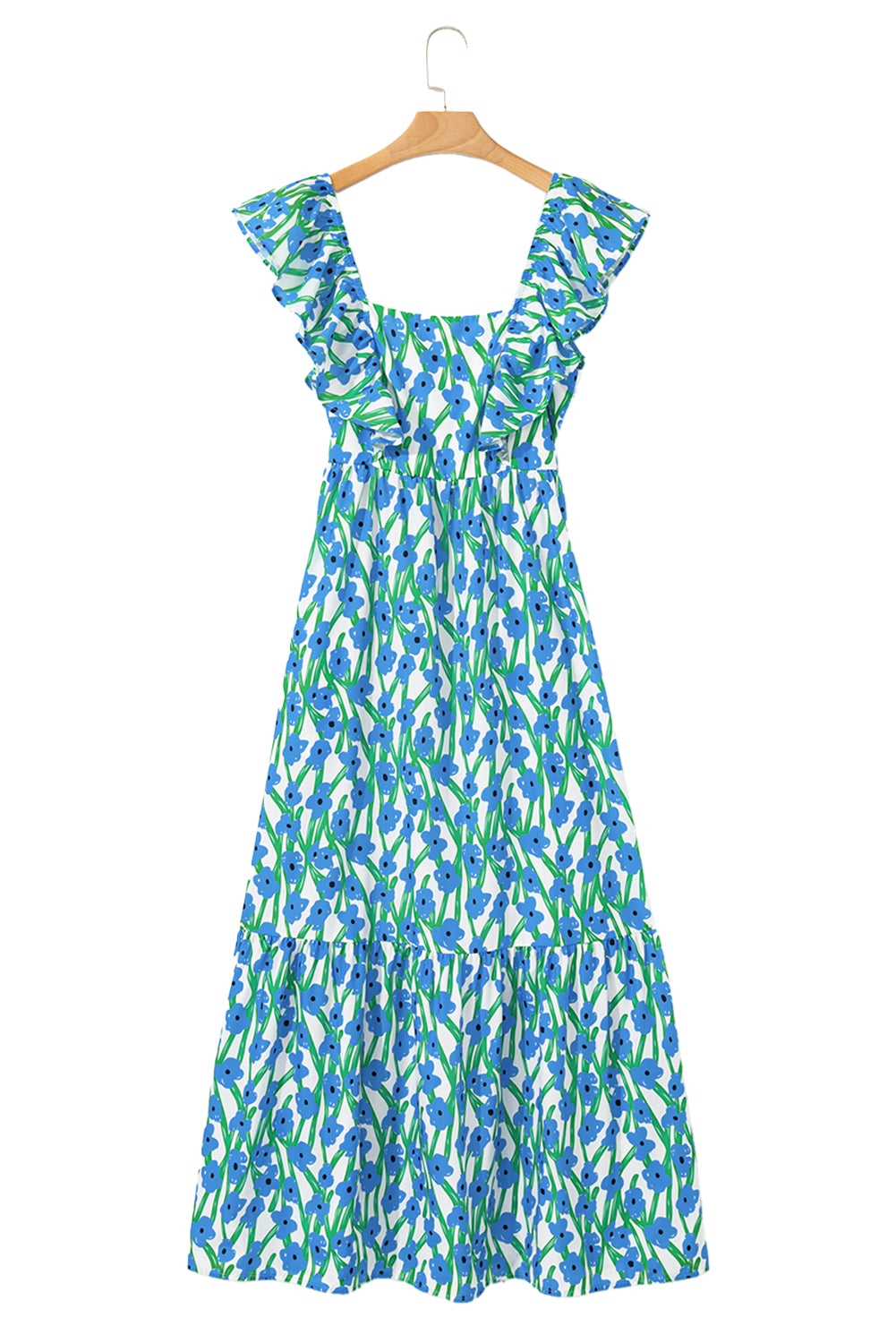 Pink Floral Print Square Neck Ruffled Strap Maxi Dress