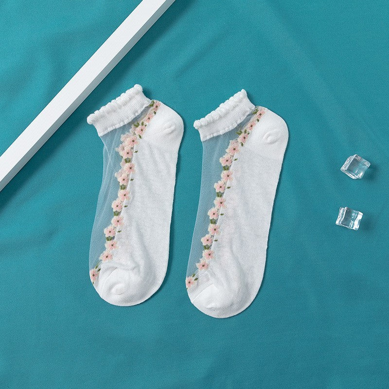 Women's Thin Spun Glass Lace Crystal Boat Socks