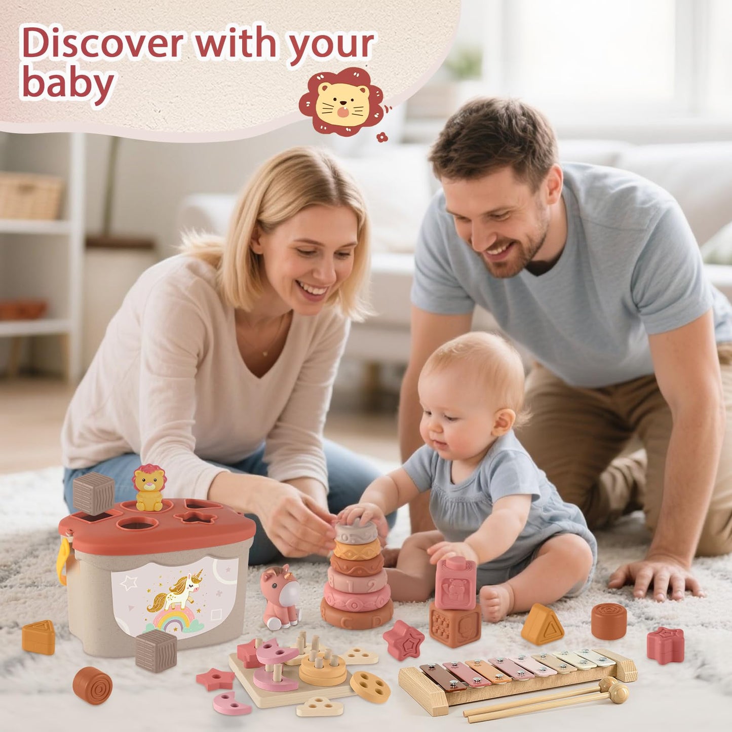 FEBALHS Montessori Toys for 6-12 Months – 5-in-1 Sensory Set with Blocks, Ring Stackers & Xylophone