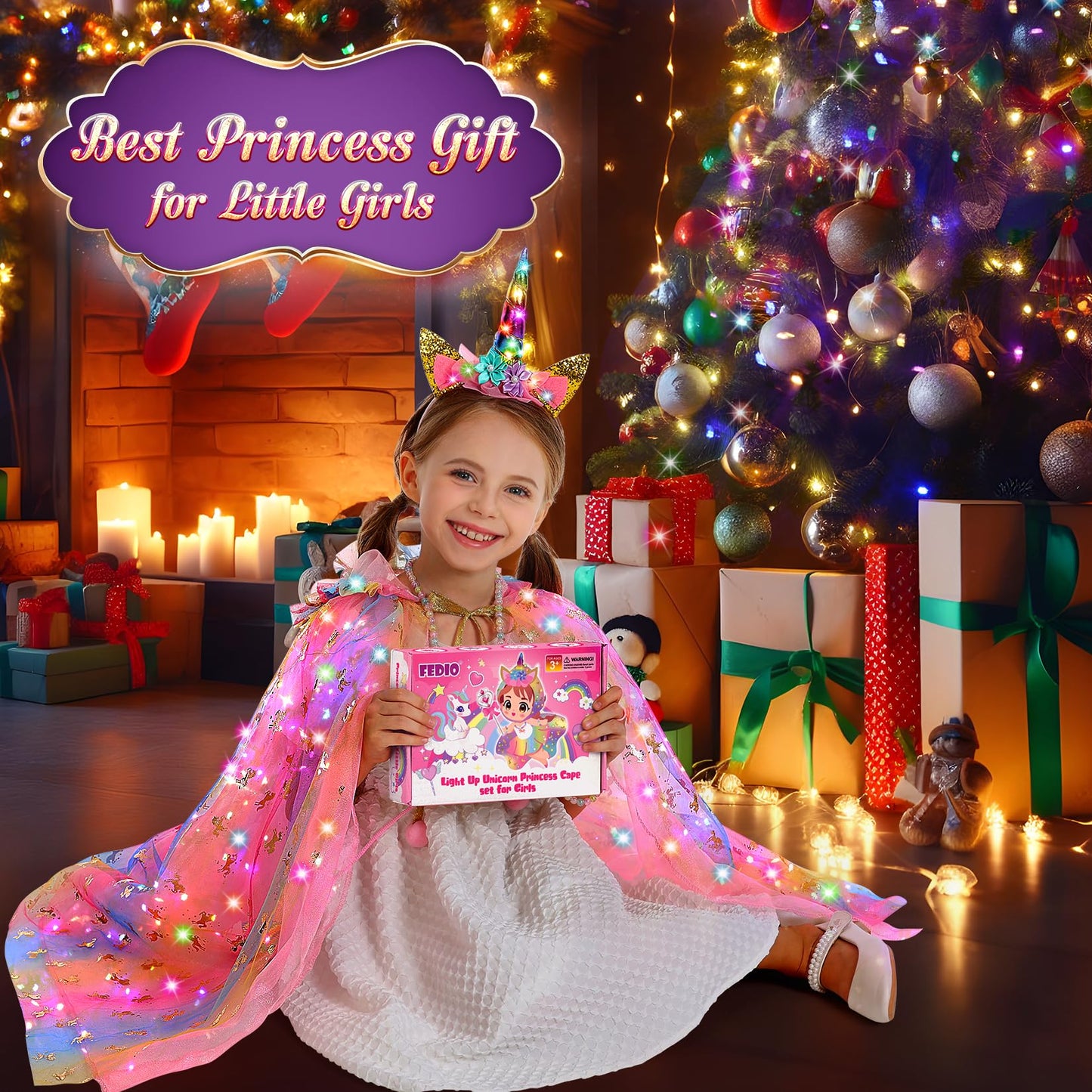 Fedio Princess Dress Up Set – Light Up Unicorn Cape & Accessories for Girls 3-8