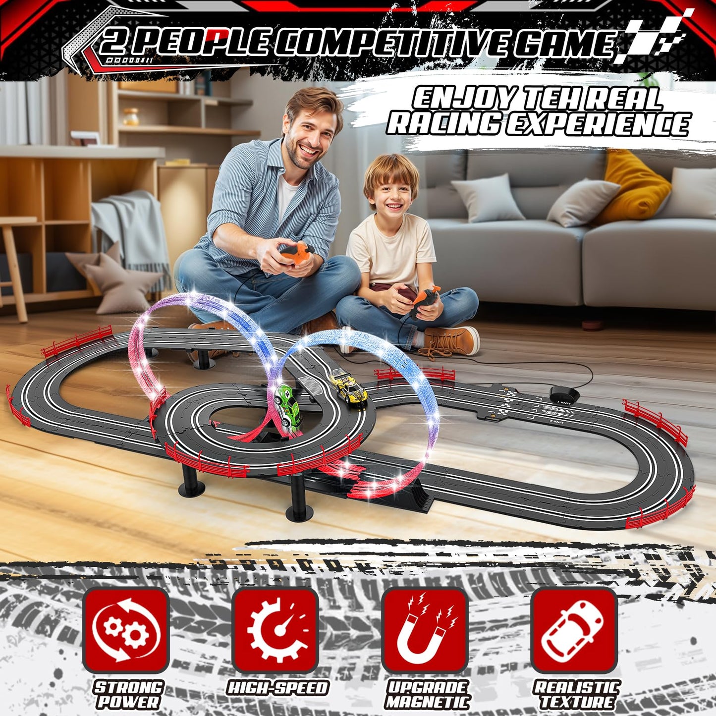 Fedonak 3-in-1 Slot Car Race Track Set with 4 High-Speed Cars – 1:43 Remote Control