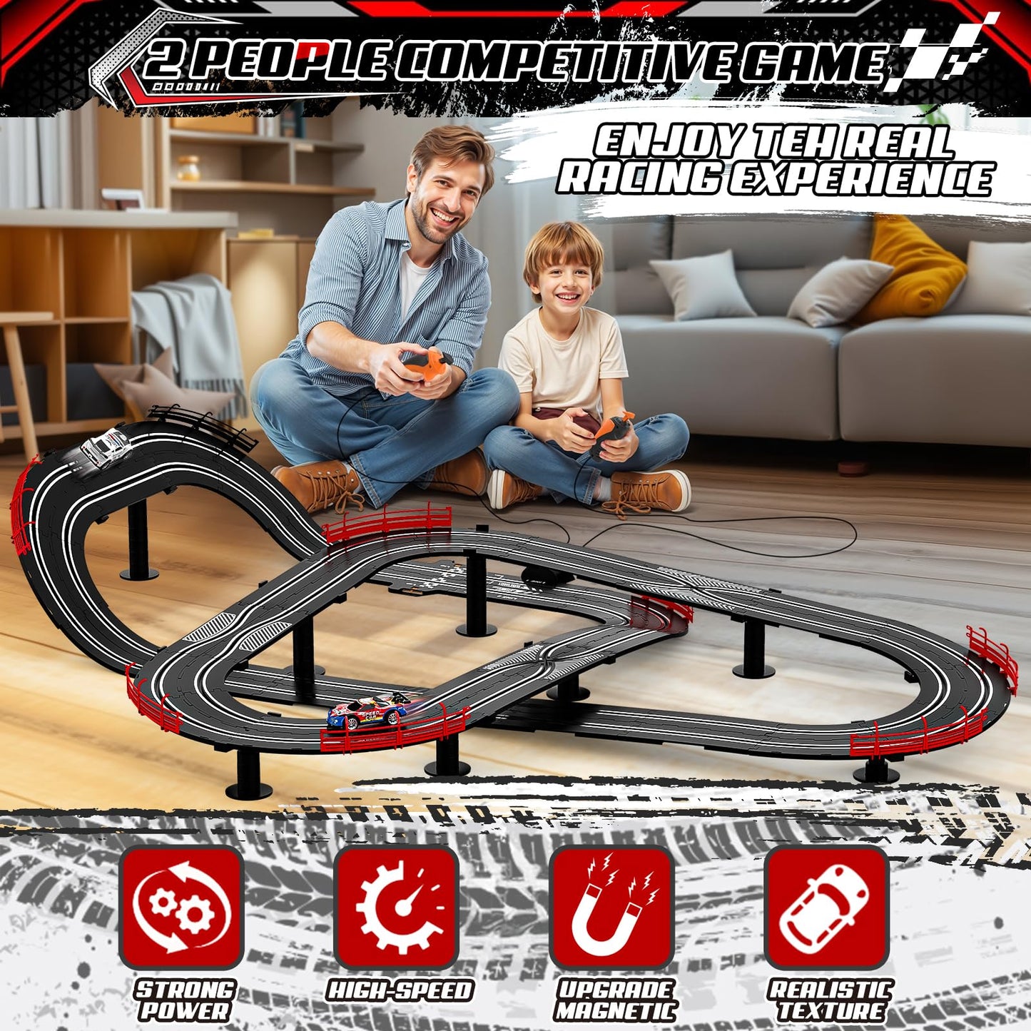 Fedonak 2 in 1 Slot Car Race Track Set — 4 Cars, 1:43 Scale, Dual Racing with Lap Counter