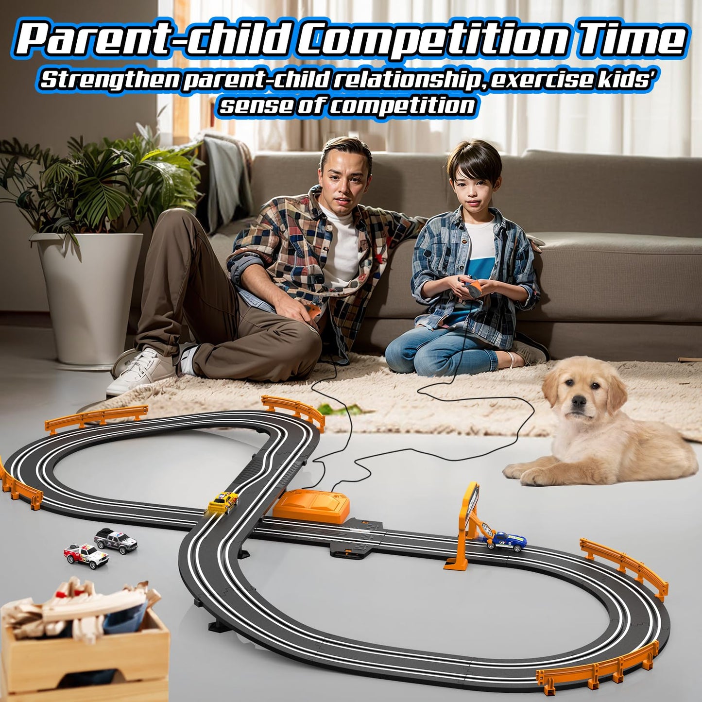 Fedonak Slot Car Track Set – Dual-Lane Race Track with 2 High-Speed Cars, Battery or Electric Power