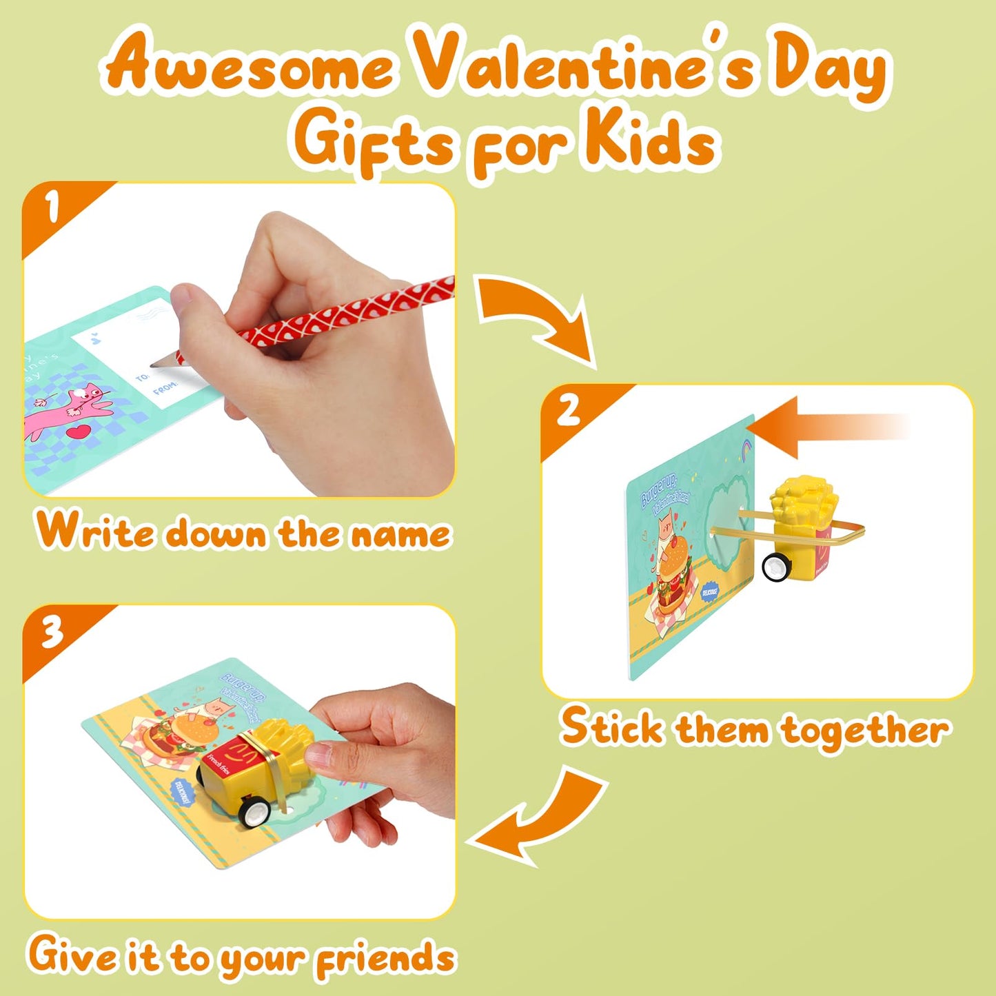 Feltom 28-Pack Valentine’s Day Kids Toy Set – Pull-Back Burger Cars & Cards