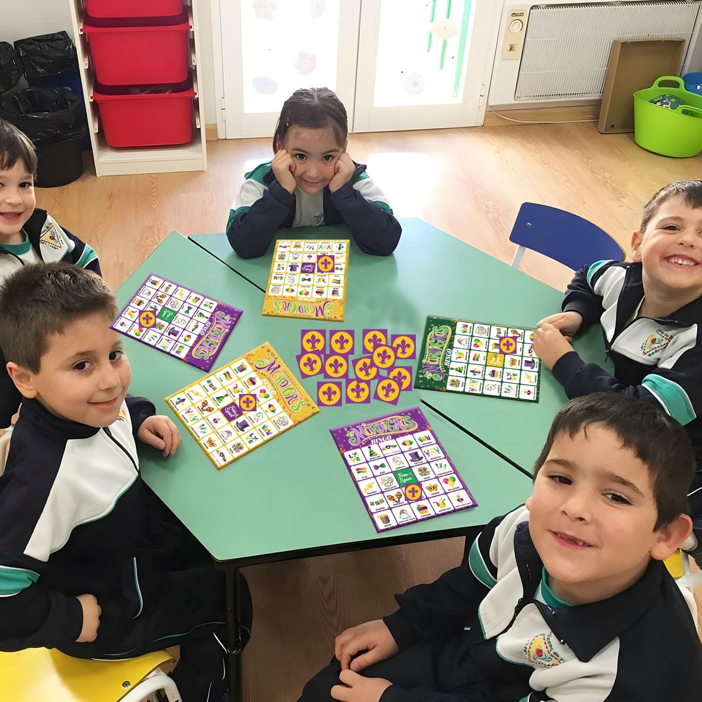 Fenkysoix Mardi Gras Bingo for Kids – 24 Cards, 385 Chips, 1 Caller | Classroom & Family Game Set