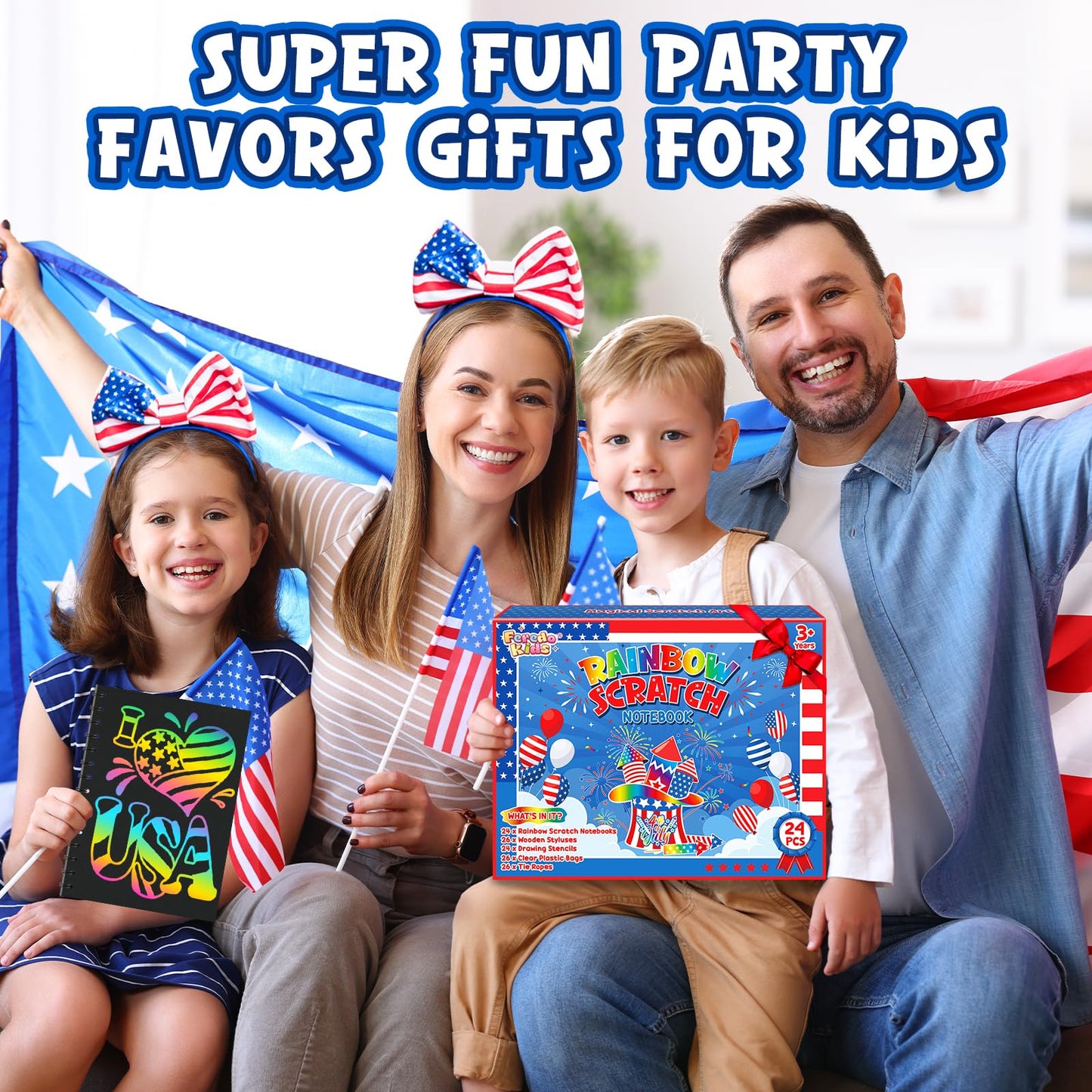 FEREDO KIDS Rainbow Scratch Art Notebooks — 24-Pack Party Favors for 4th of July, Kids Crafts