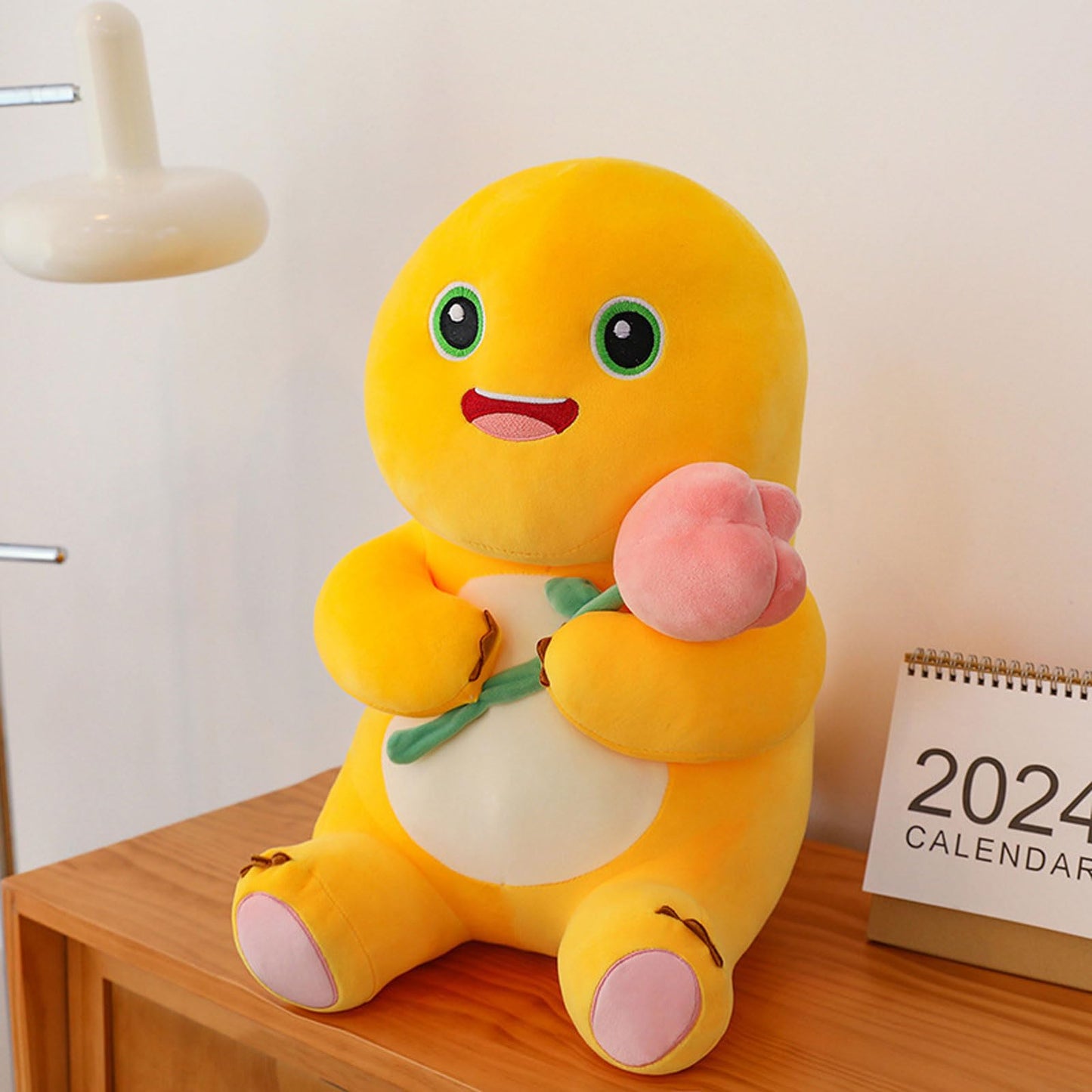 Fesuphy 35cm Dinosaur Plush Pillow with Flower – Cute Yellow Dino, Kawaii Plush Pillow for Home