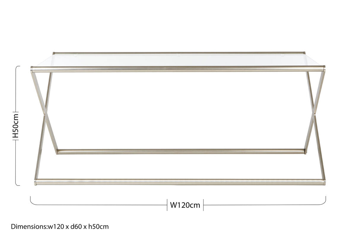 Rectangular Clear Tempered Glass Coffee Table with Satin Nickel Criss Cross Metal Frame, Roma
