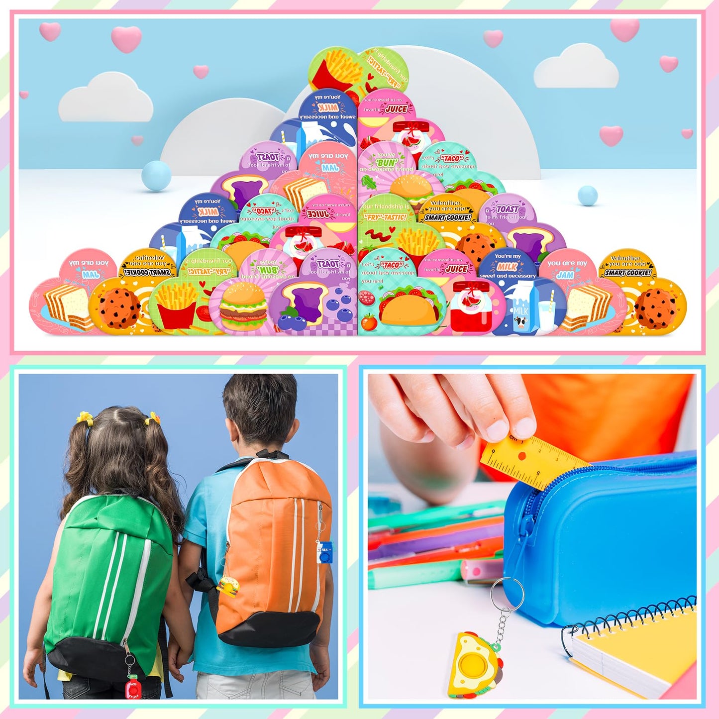 FHOZGECY Valentines Day Cards for Kids – 24 Food-Themed Fidget Keychains with Heart Boxes