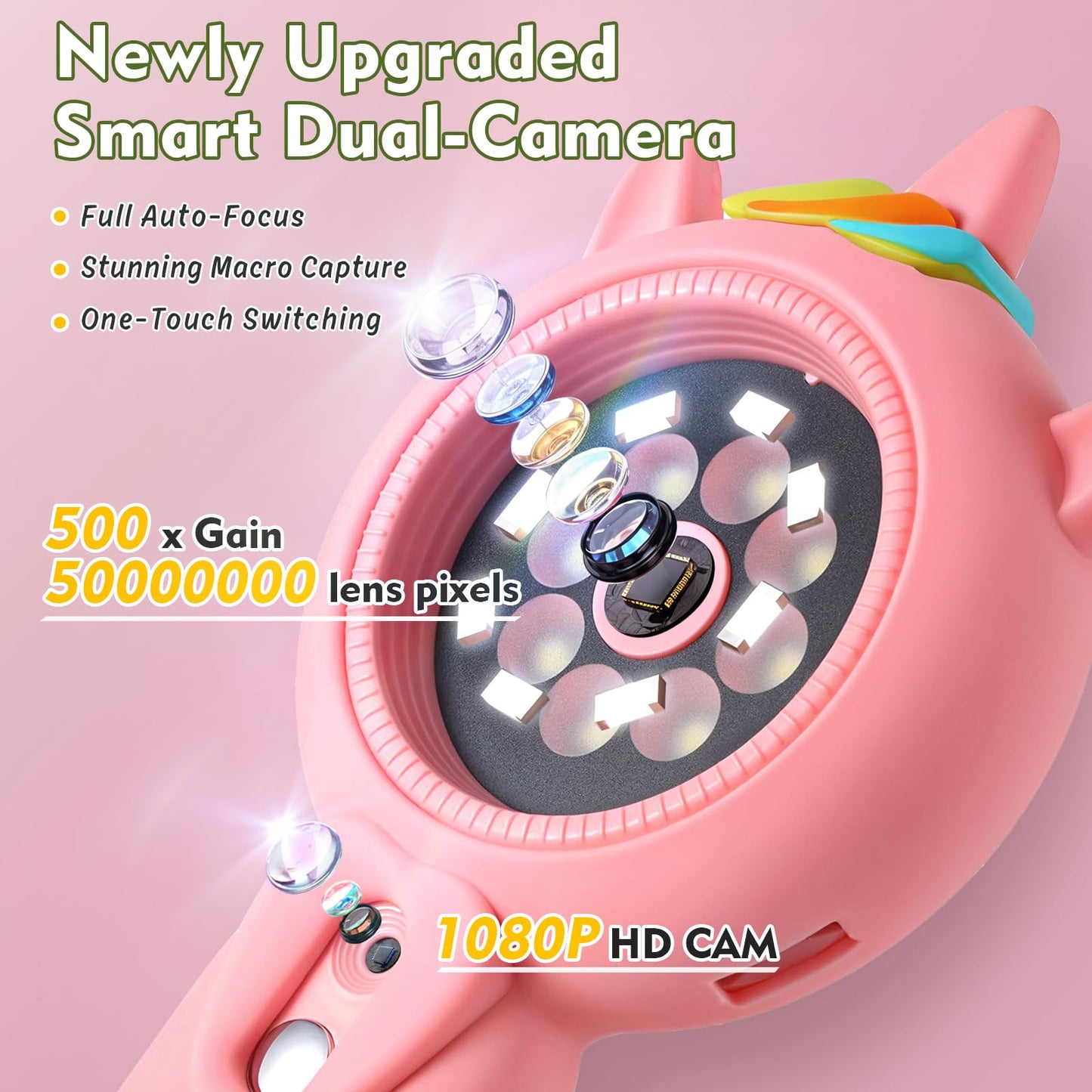 FHskFH Kids Microscope Pink – 500x Magnification, 16x Zoom, HD Cam