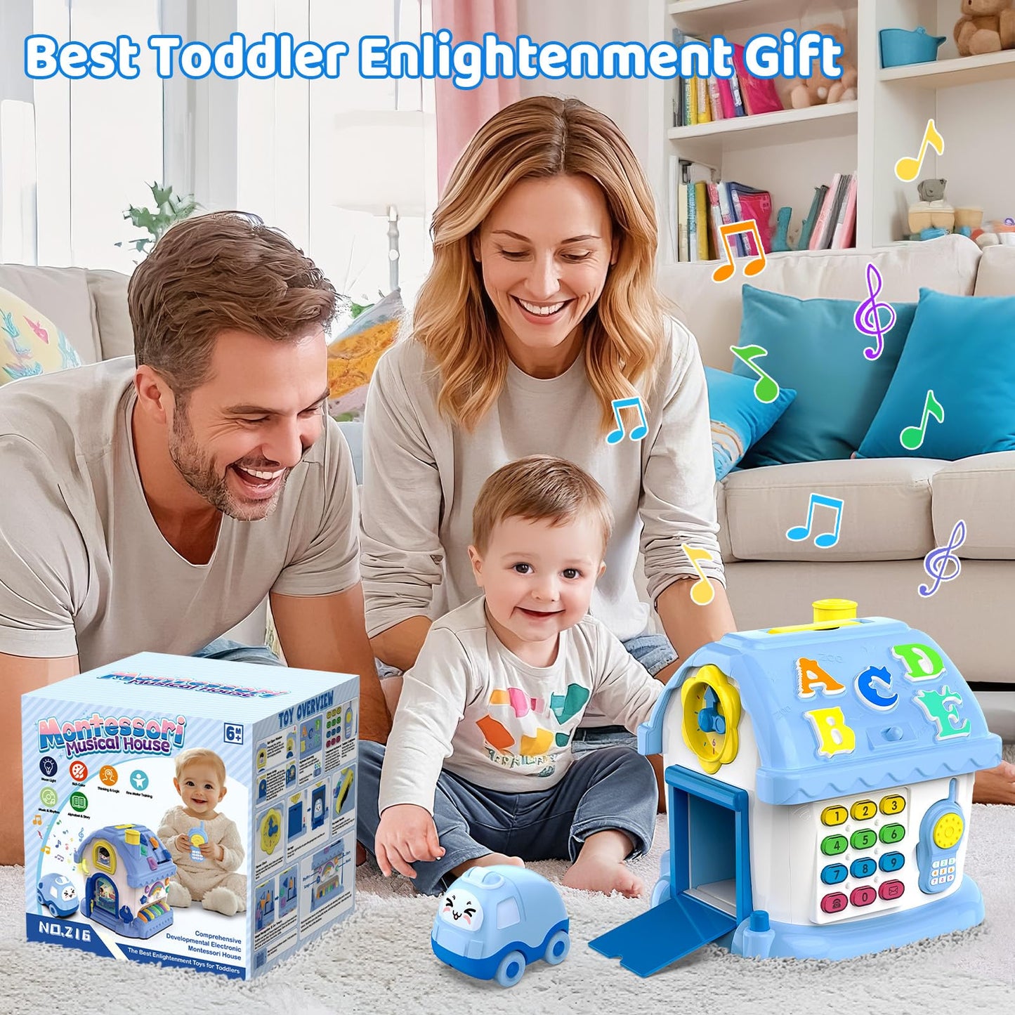Fidecexv Montessori Toys: 12-in-1 Musical Busy House for 1-2 Year Olds (Blue)