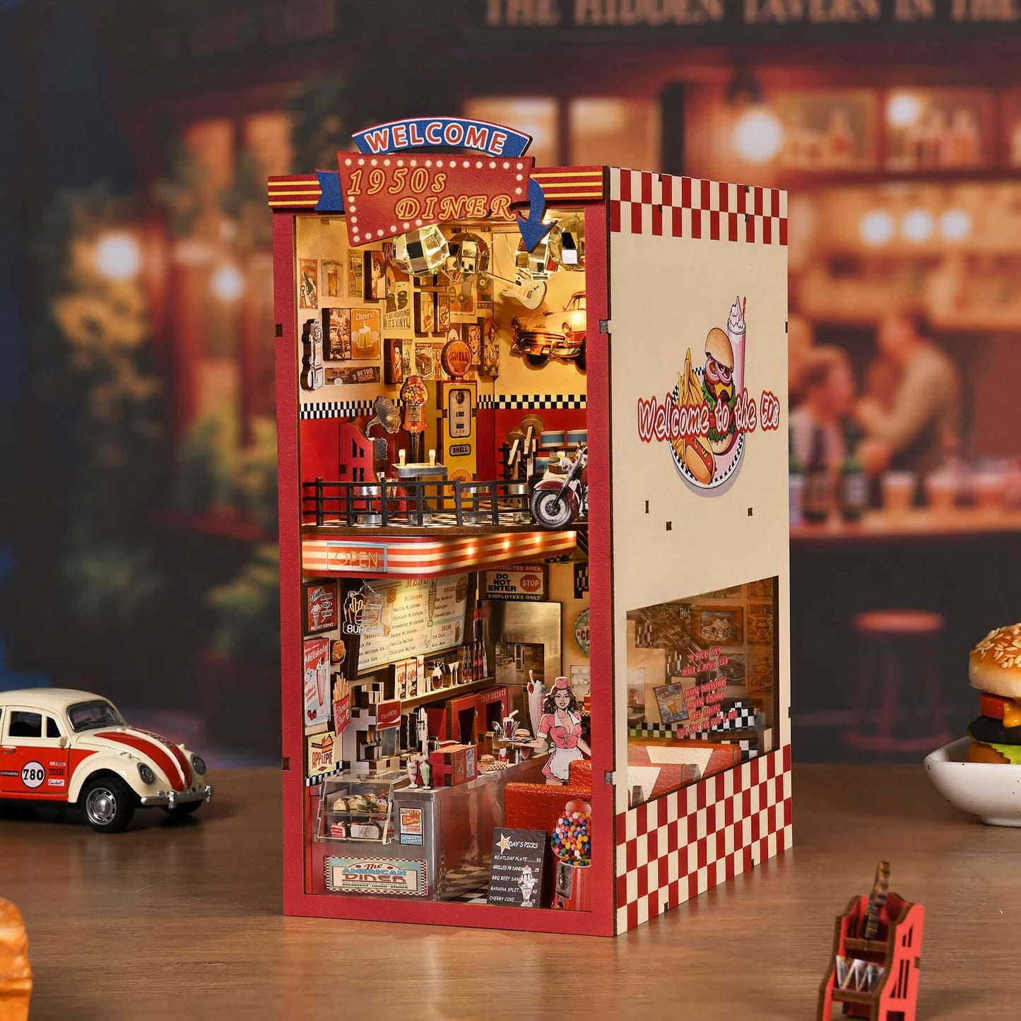 fifijoy Book Nook Kit – DIY 1950s Diner Miniature with LED Light for Bookshelf Decor