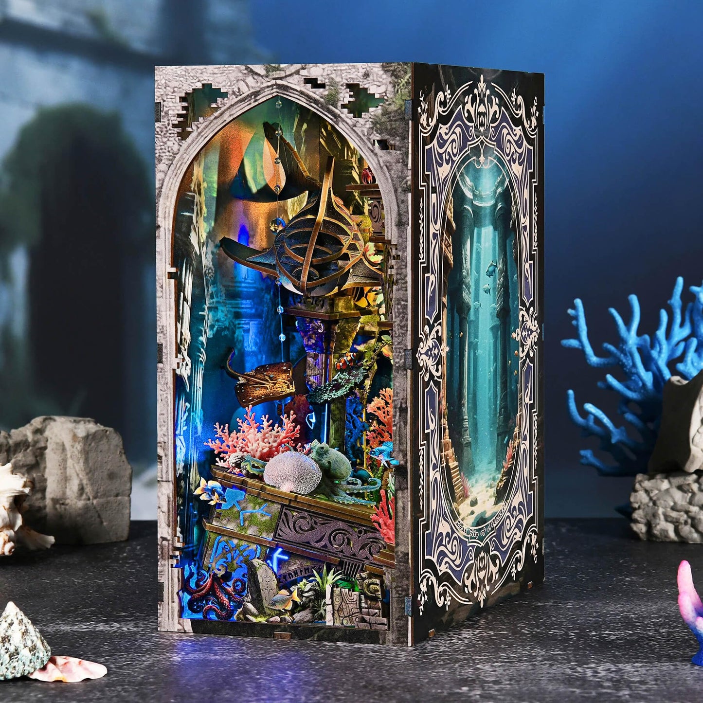 fifijoy Book Nook Kit – Atlantis-Inspired 3D Dollhouse with LED Light for Bookshelf Decor