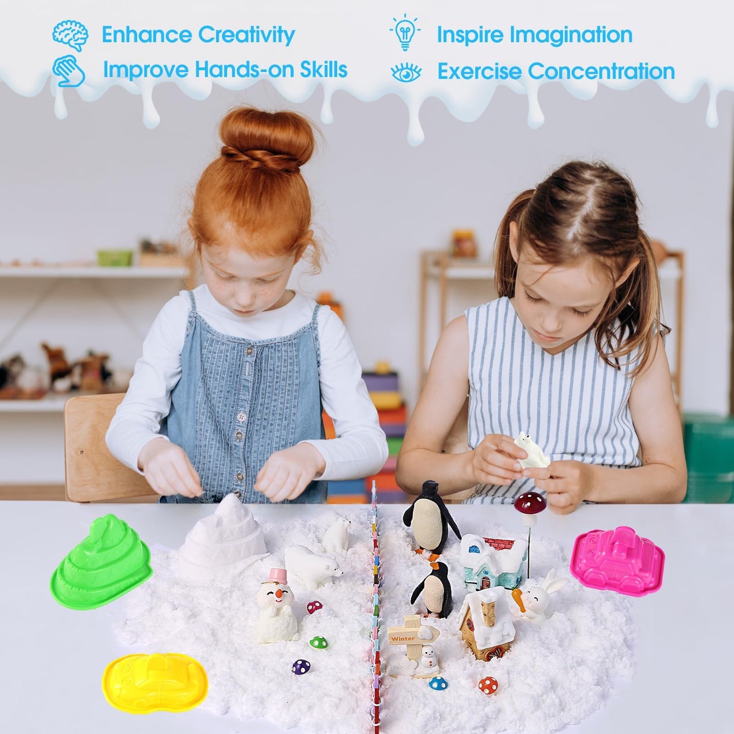FIIOEOY Snow Sensory Bin - Winter Sand Art Kit with Arctic Figures for Kids
