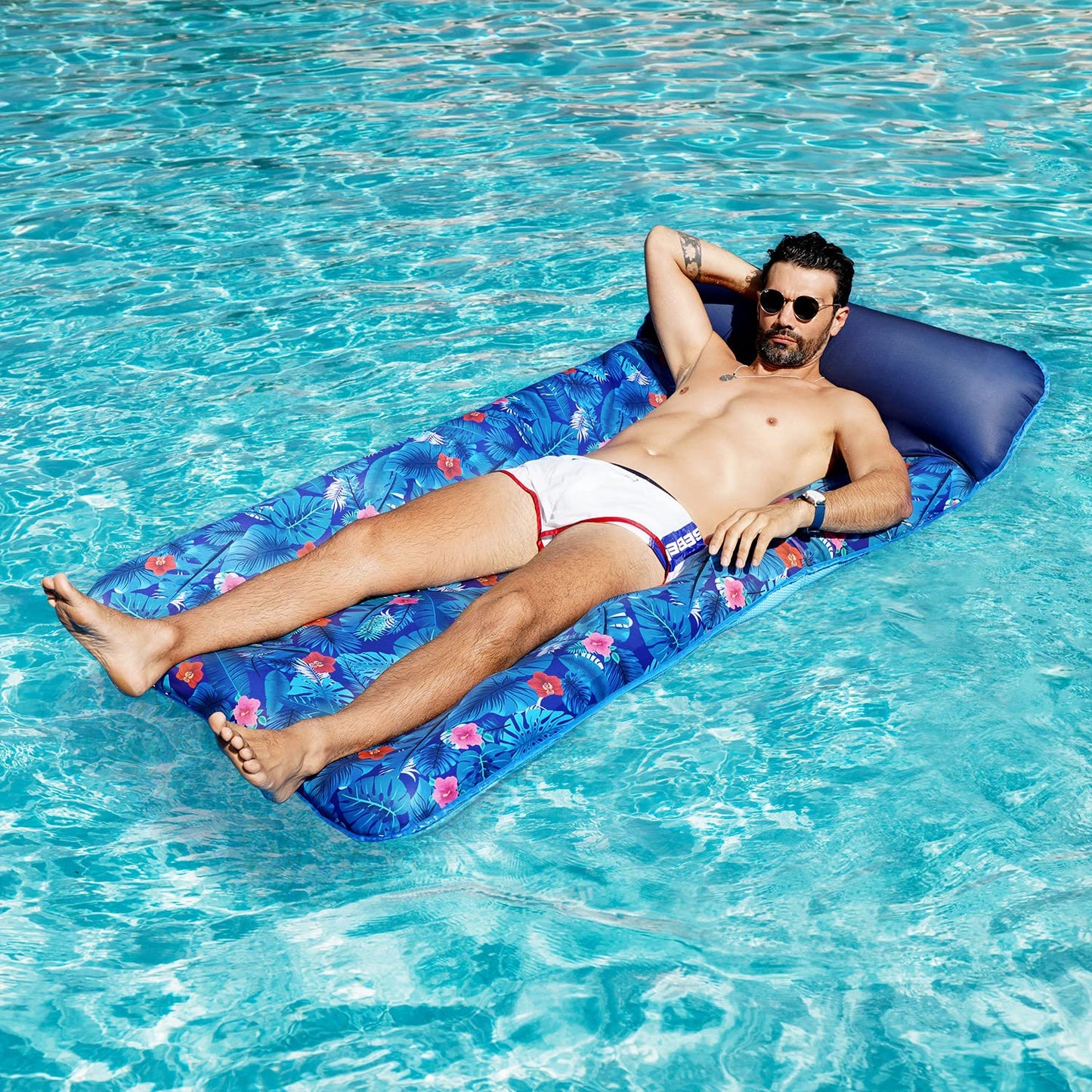 FindUWill Oversized Pool Float for Adults – 72 x 37 in XL Fabric-Covered Lounger with Headrest (Monstera Blue)