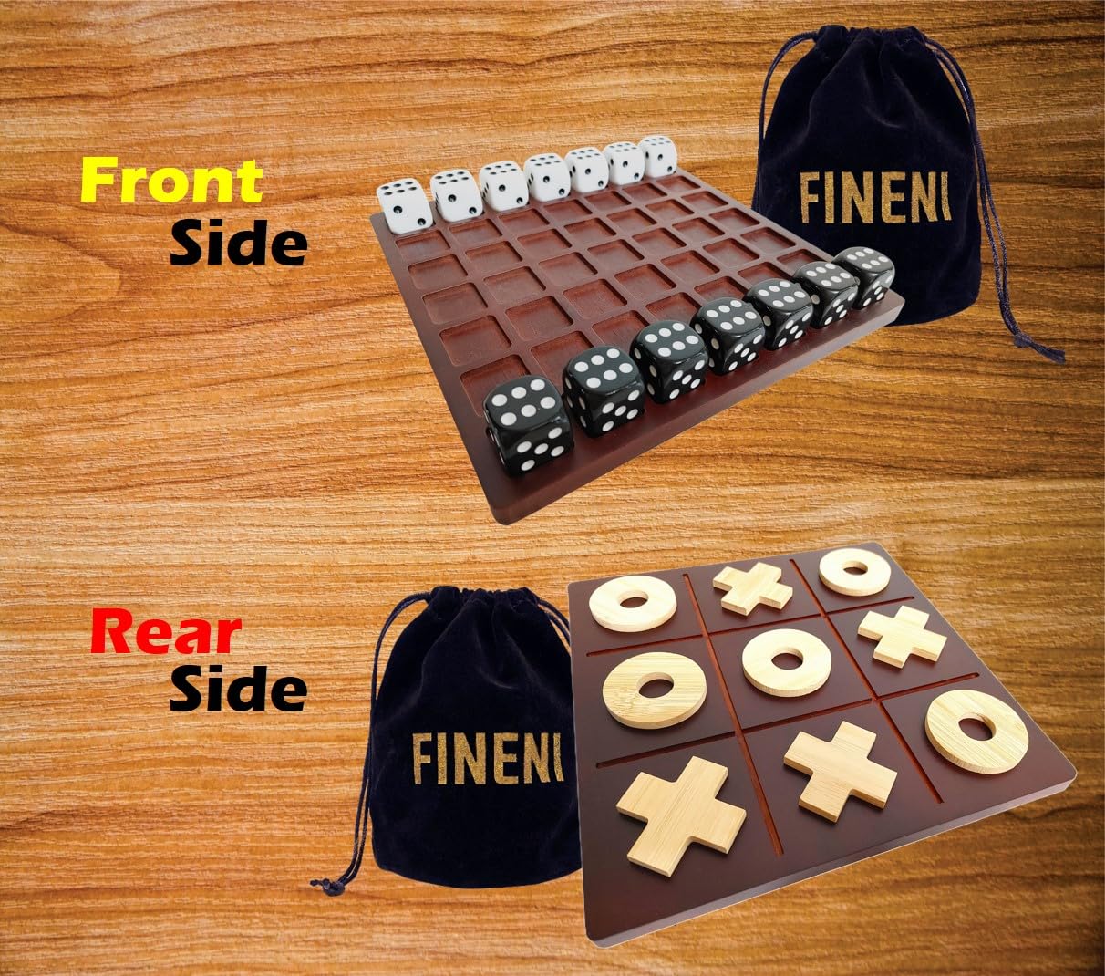 FINENI Dice Battle & TicTacToe Dual Sides Board Games — 2-Player Wooden Tabletop