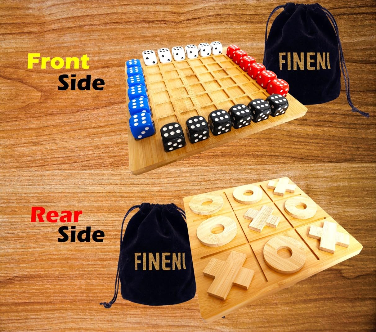 FINENI Dice Battle & TicTacToe Dual-Sided Board Game Set — 2–4 Player Wooden Tabletop Games