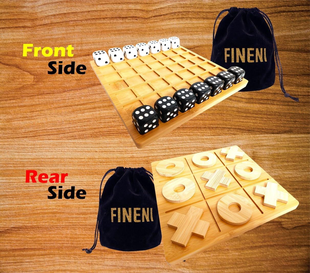 FINENI Dice Battle & TicTacToe Dual Sides – 2-Player Wooden Tabletop Games