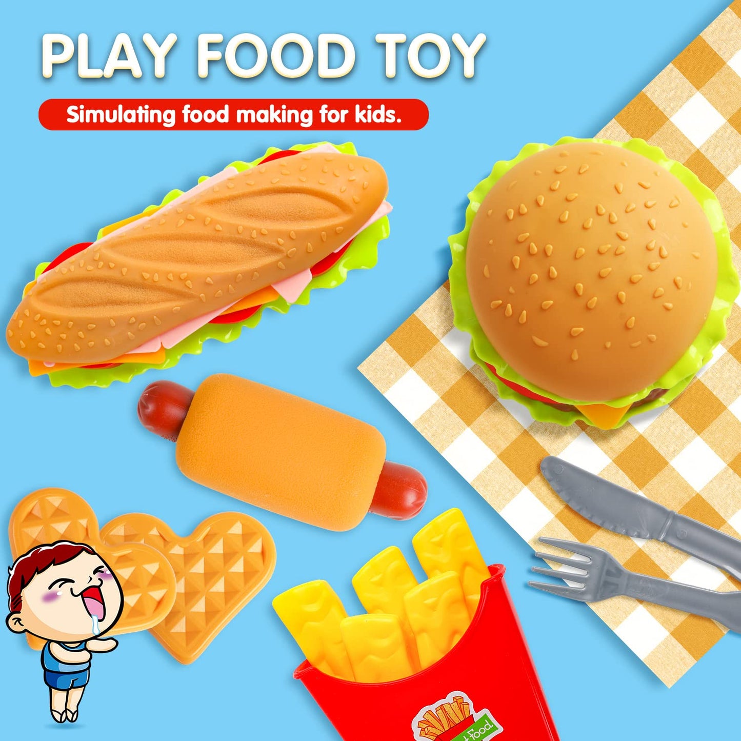 FINGOOO Pretend Play Food Set – Hamburger, Fries, Pizza, Popcorn Take-Apart Toys for Kids