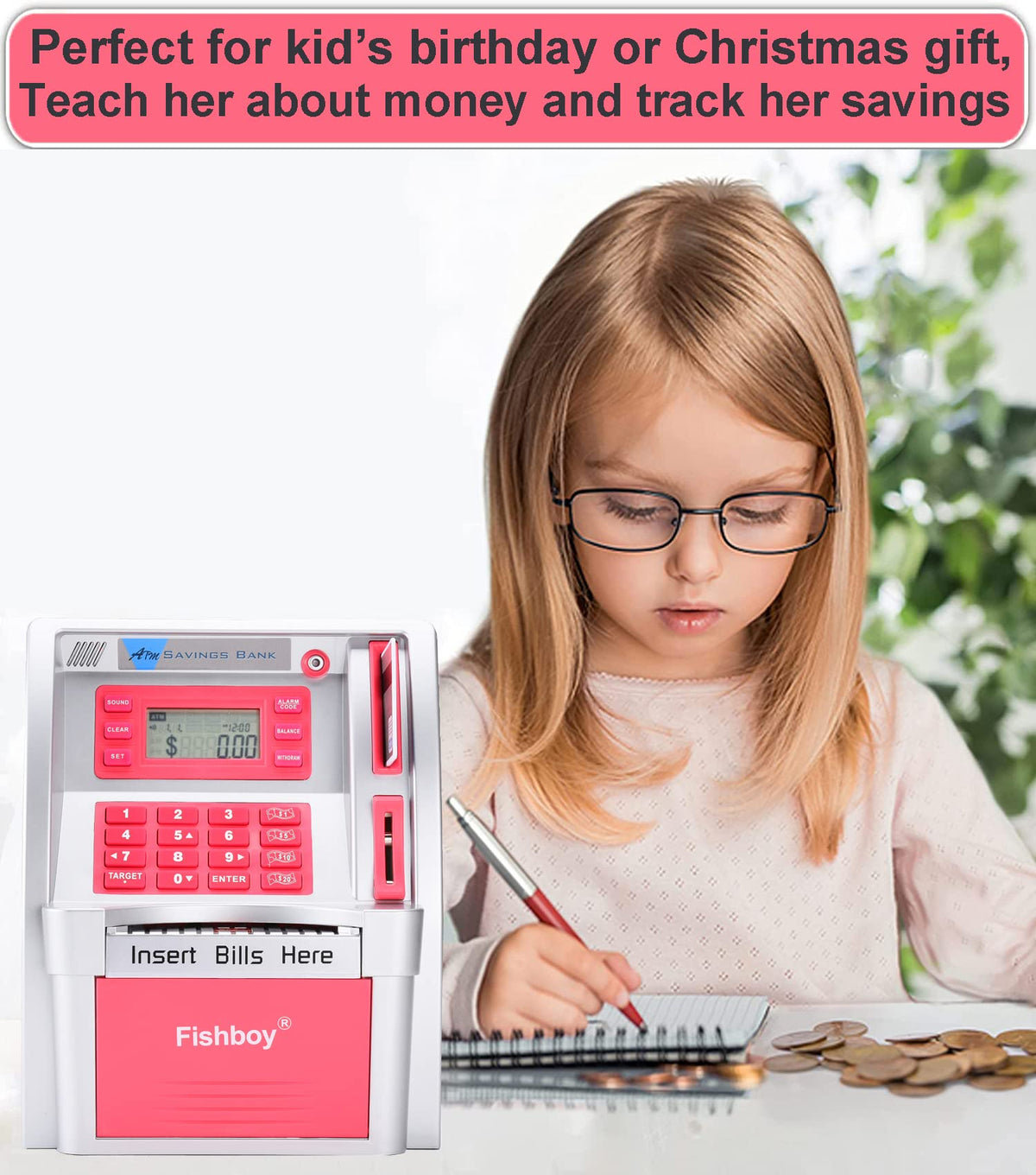 Fishboy Pink ATM Piggy Bank for Kids – Real Money Debit Card, Onekey Shutdown & Coin Recognition