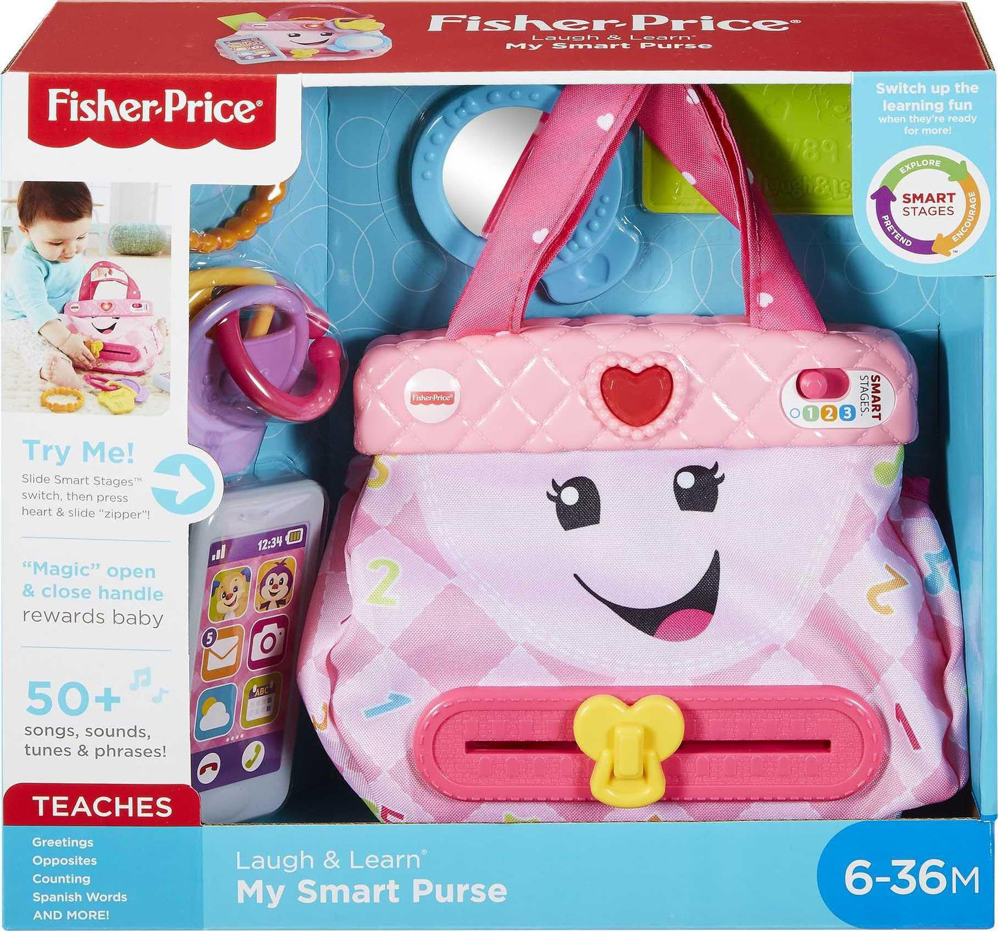 Fisher-Price Laugh & Learn My Smart Purse with Lights, 50+ Songs & 5 Accessories | For Infants 6+ Months