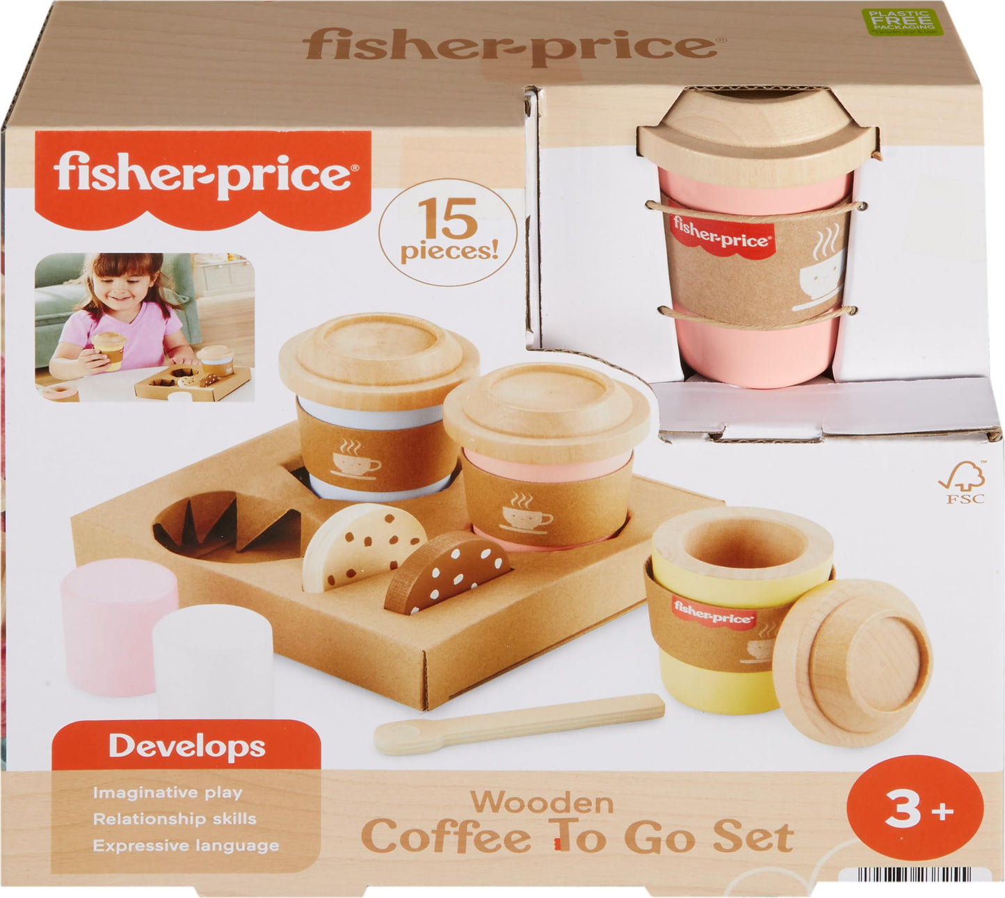 Fisher-Price Wood Pretend Play Coffee to Go Café Set – 15-Piece Wooden Playset for Preschoolers