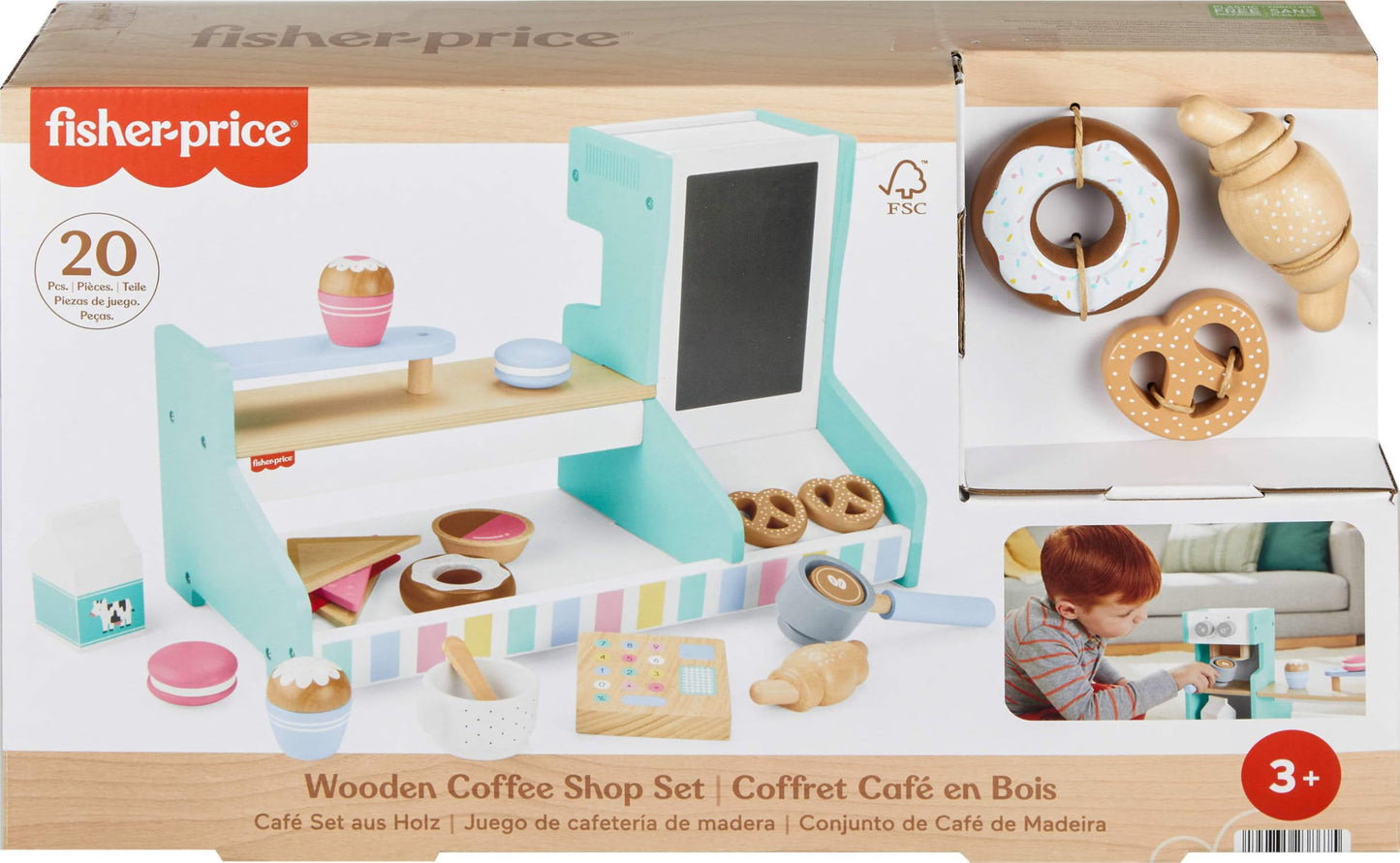 Fisher-Price Wood Pretend Play Coffee Shop & Toy Register – 20-Piece Set for Ages 3+