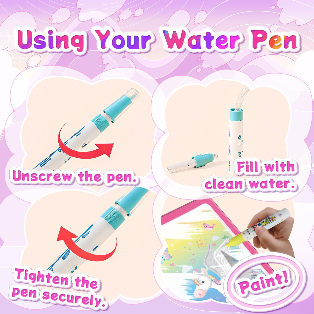 Flamax Unicorn Water Painting Book for Toddlers 1-3 – Reusable, Mess-Free with Water Brush & 18+ Stickers