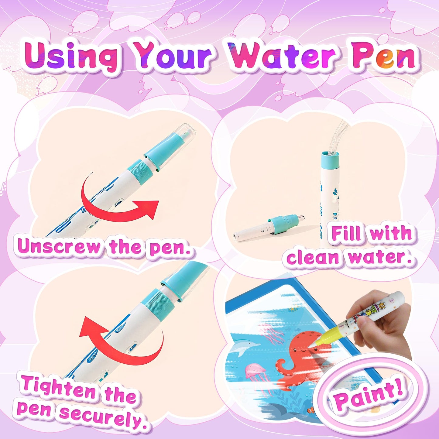 Flamax Reusable Water Painting Book for Toddlers 1-3 | Sea World Theme + 18+ Stickers & No-Mess Pen