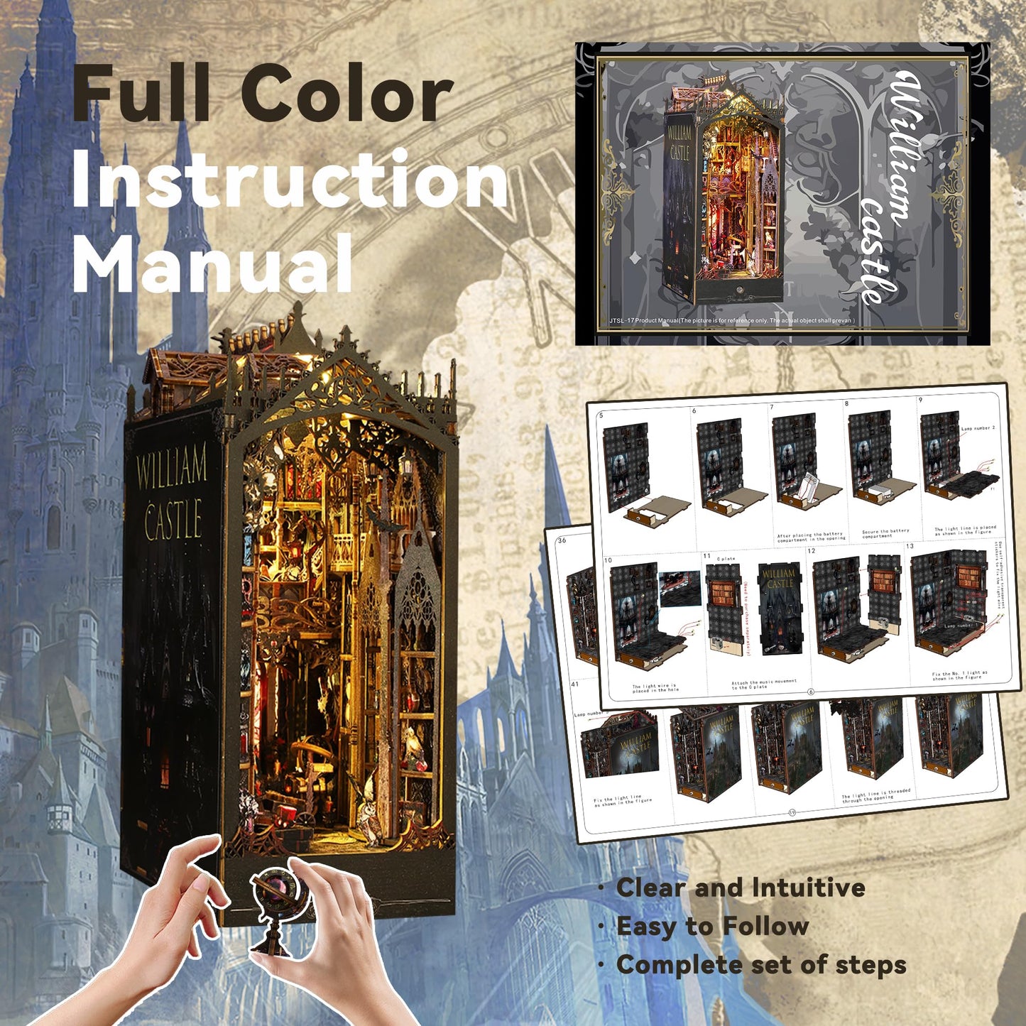 Flever DIY Dollhouse Booknook Kit with LED Light – 3D Wooden Puzzle for Bookshelves (William Castle)