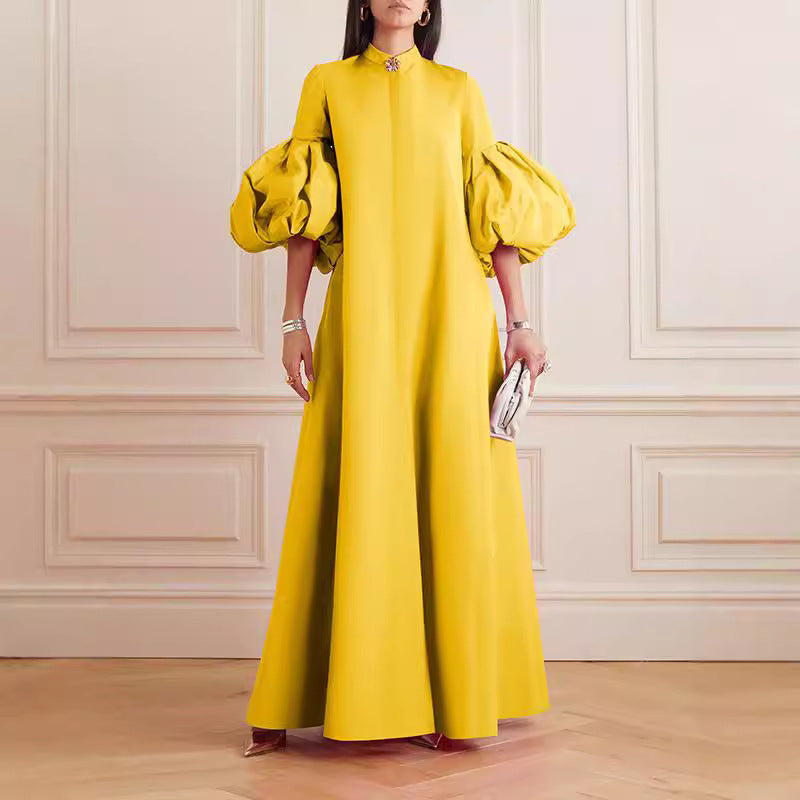 Floral Sleeved Solid Colour Lapel Evening Dress