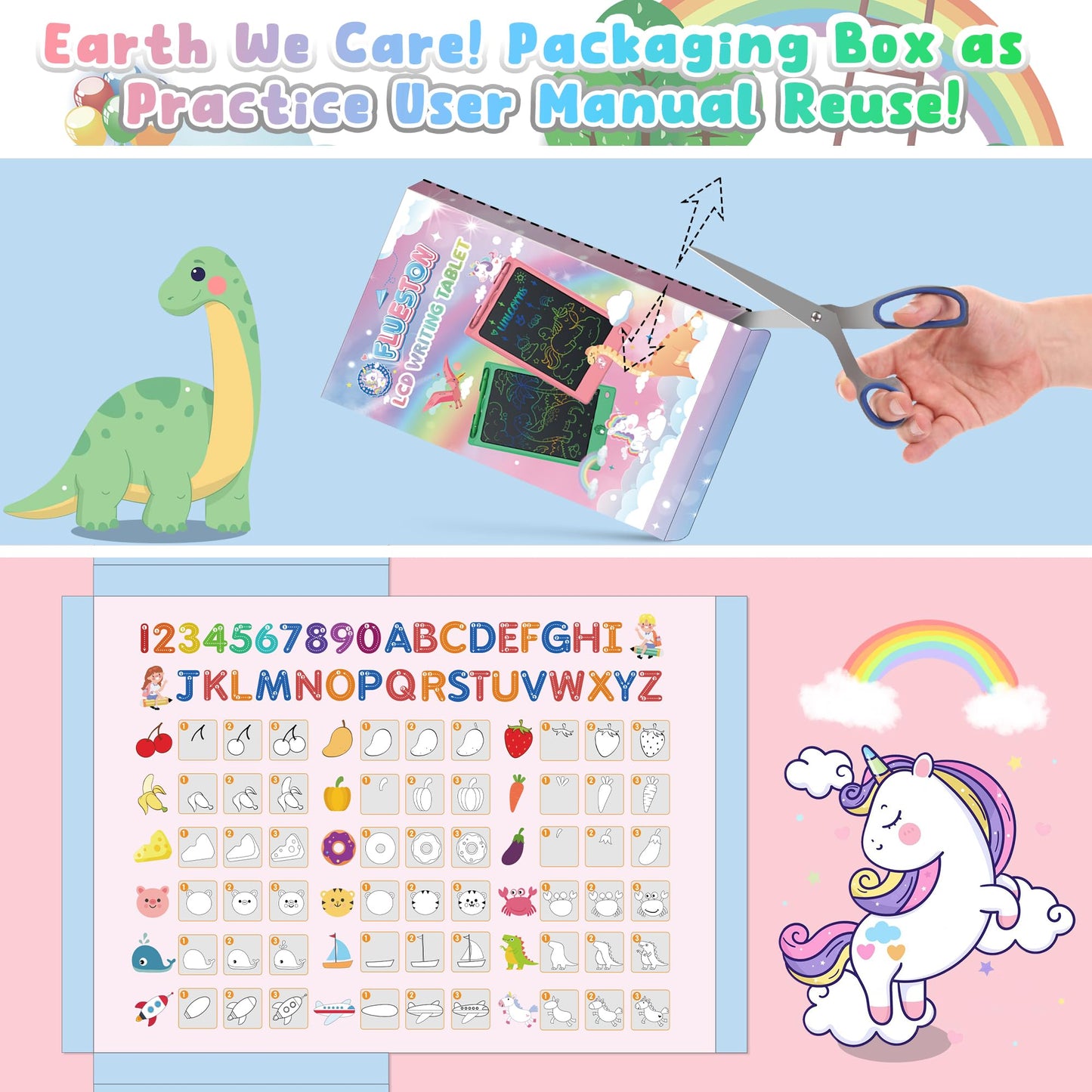 FLUESTON 8.8-Inch LCD Writing Tablet for Kids – 3-Pack Drawing Pads (Unicorn, Whale, Dinosaur)