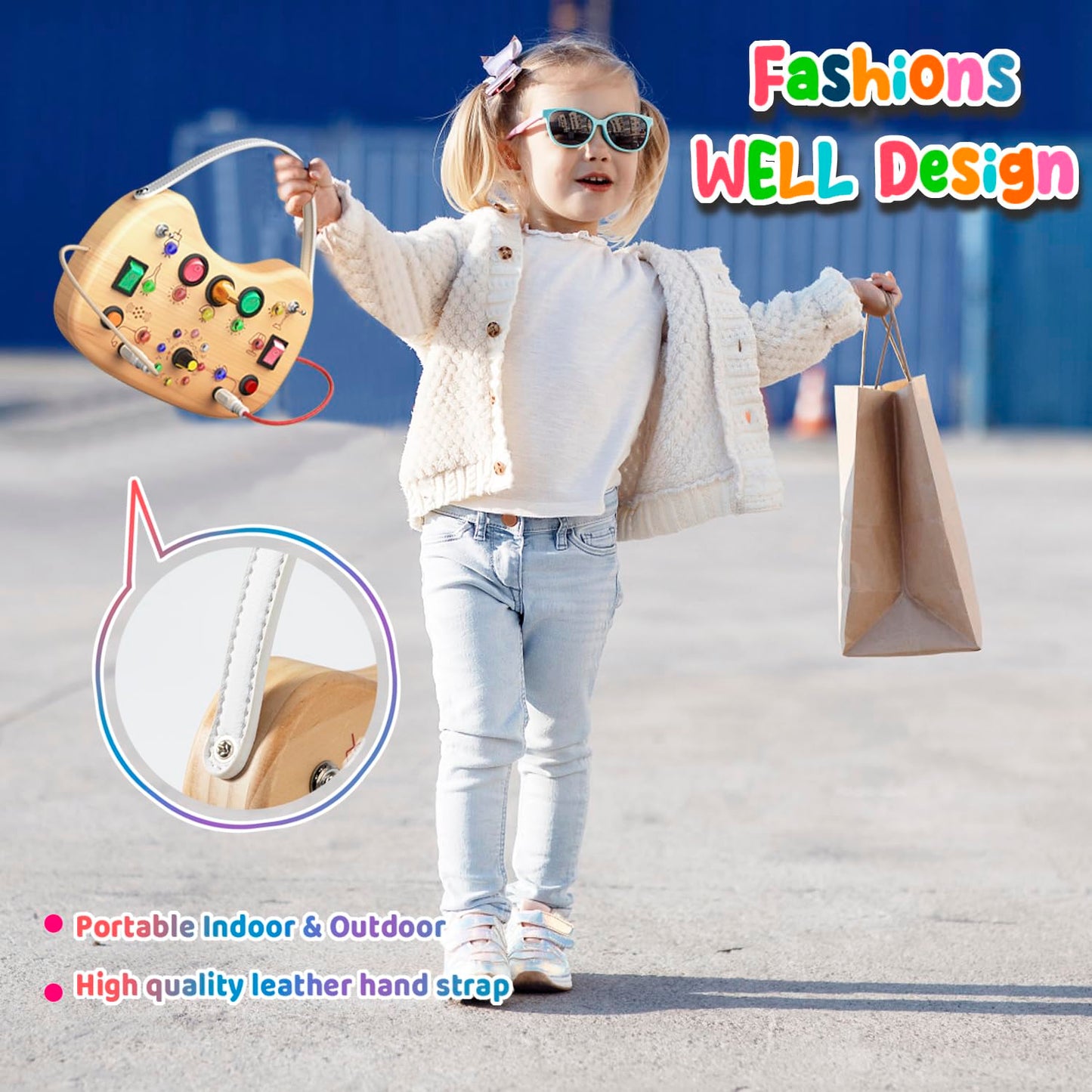 Flycoost Montessori Toddler Busy Board — Wooden Sensory Toy with LED Switch & Travel Handle