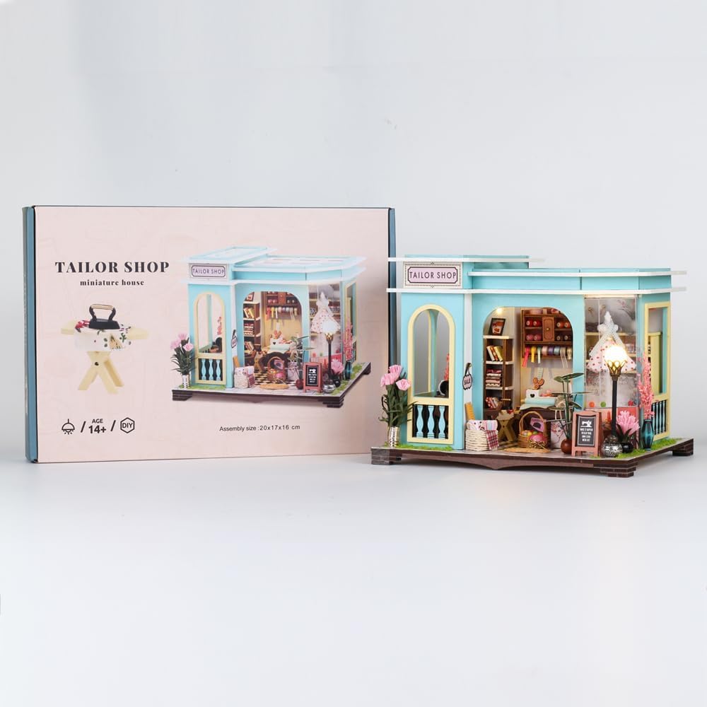 FLYNOVA DIY Miniature Tailor Shop Dollhouse Kit with LED Light — 3D Wooden Craft for Adults