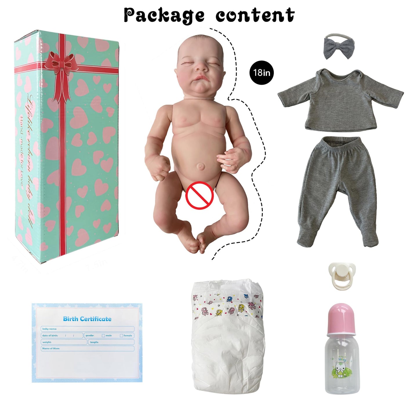 FOCKOF Realistic Reborn Baby Doll Girl - 17-Inch Gray Vinyl, Poseable with Accessories (Ages 3+)