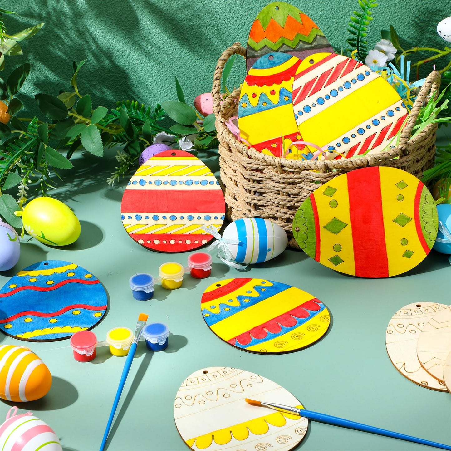 Foilswirl 30 Sets Wooden Easter Egg Ornaments to Paint – DIY Craft Kit with Paints, Brushes & Raffia