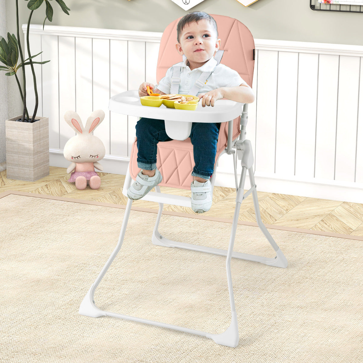 Foldable Baby High Chair with Removable Adjustable Tray-Beige