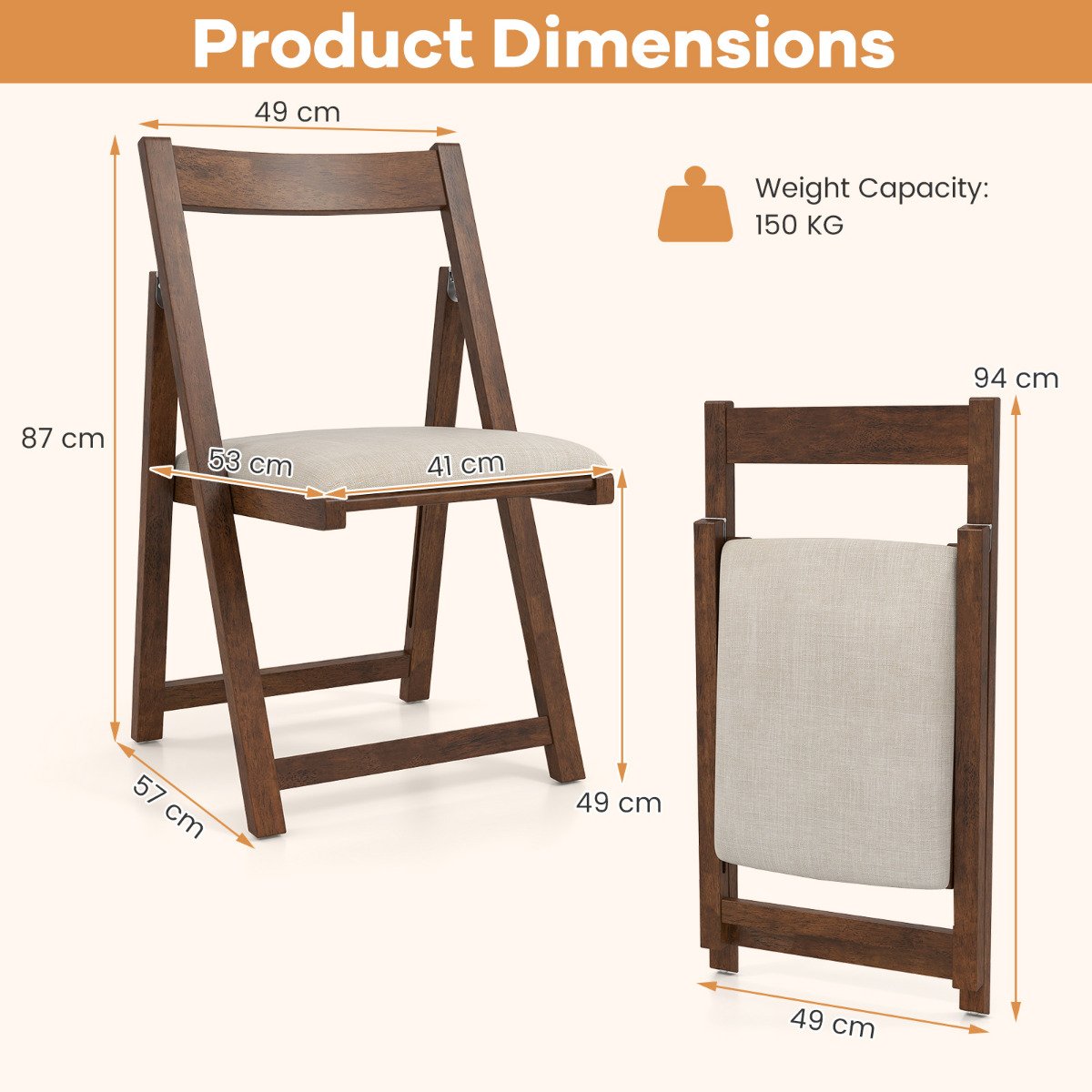 Foldable Dining Chair Set of 4 with Padded Seat and Curved Backrest-Beige