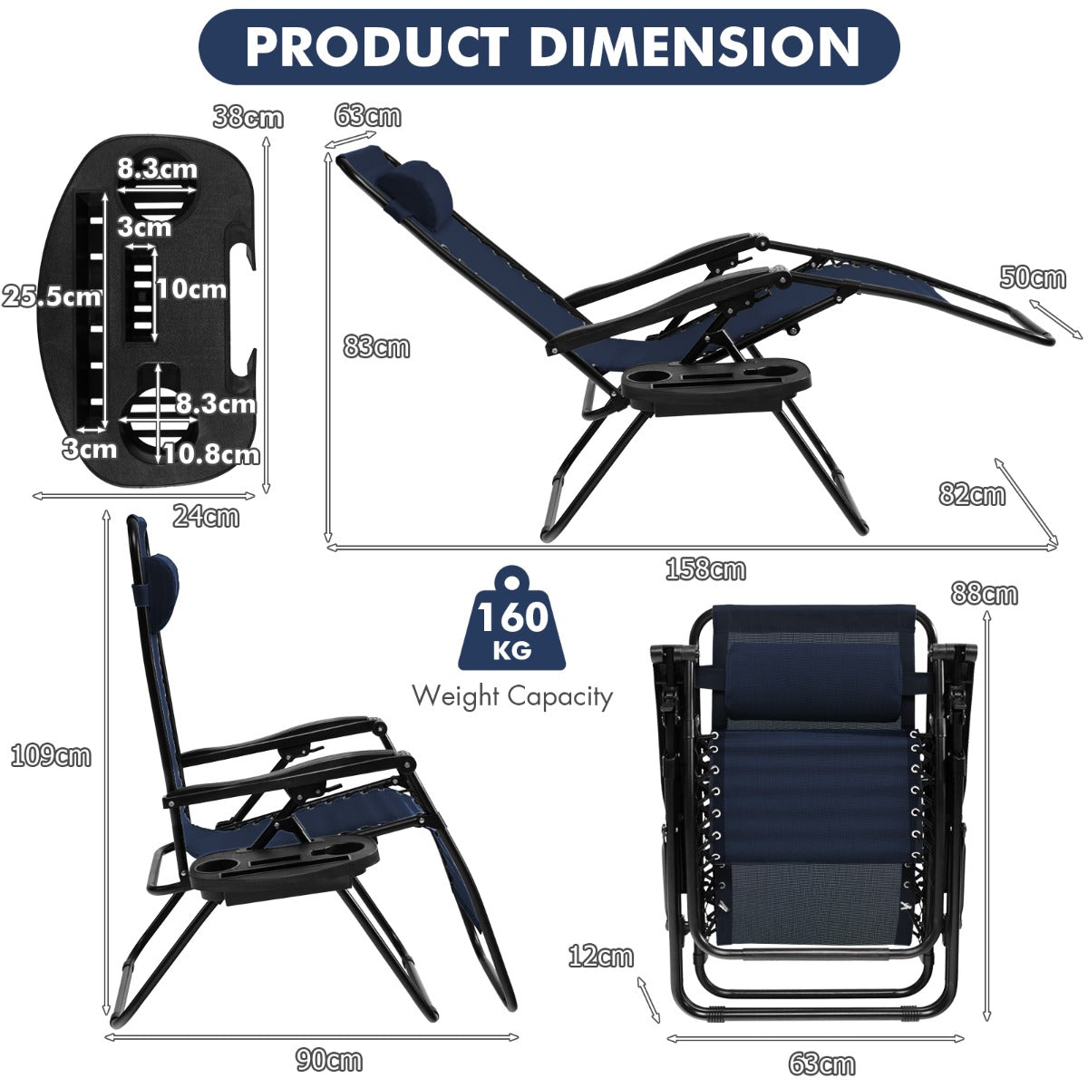 Folding Patio Recliners with Removable Headrest and Cup Holder Set of 2-Beige