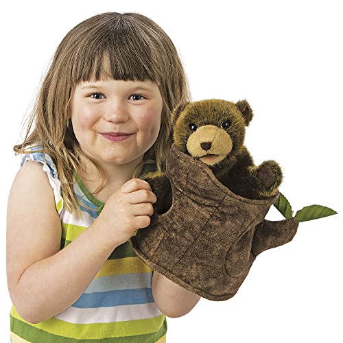 Folkmanis Bear-in-Tree-Stump Hand Puppet, Brown — Interactive Plush Puppet for Storytelling