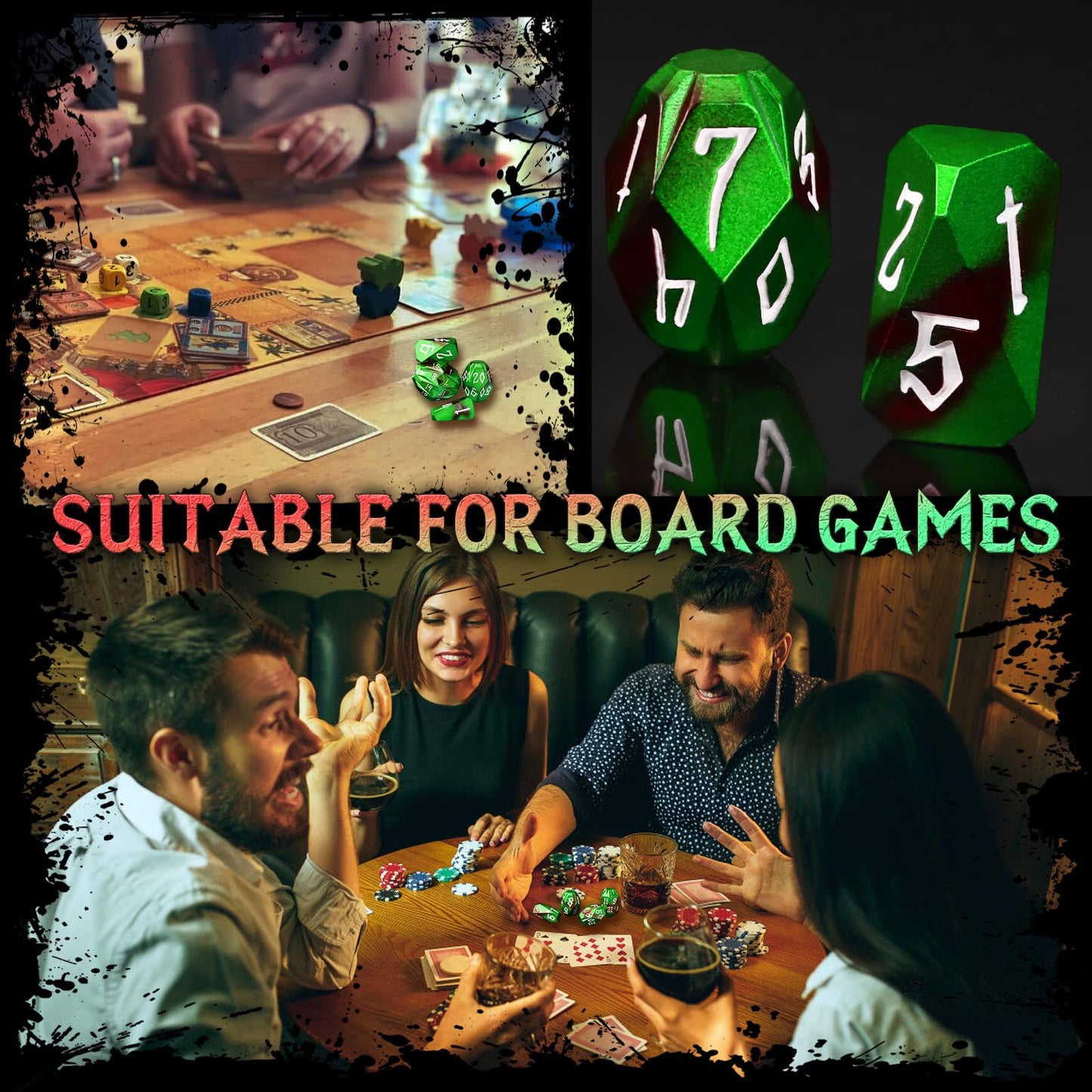 FONVGOGO Metal DND Dice Set – 7-Piece Zinc Alloy Polyhedral Dice with Storage Case (Black/Green)