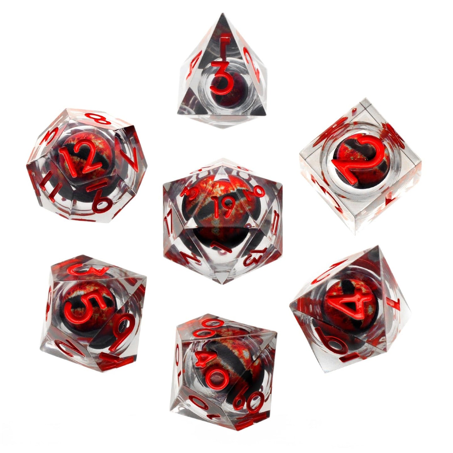 FONVGOGO Liquid Core Dragon Eye DND Dice – Sharp Edge Resin Polyhedral Set (Red)