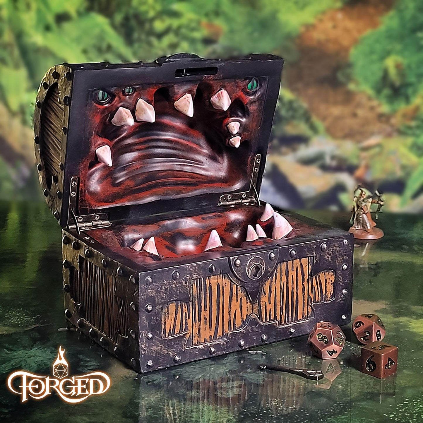 Forged Dice Co. Large Mimic Chest Dice Box with Lock – Fits 35 Dice or 5 Sets
